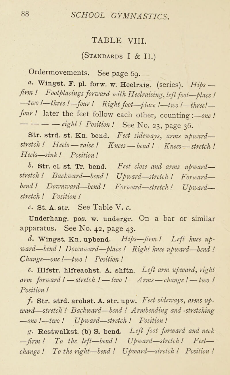 TABLE VIII. (Standards I & II.) Ordermovements. See page 69. a' Wingst. F. pi. forw. w. Heelrais. (series). Hips — firm ! Footplacings forward with Heelraising, left foot—place ! two ! three ! four ! Right foot—place !—two !—three!— four ! later the feet follow each other, counting :—one ! eight! Position ! See No. 23, page 36. Str. strd. st. Kn. bend. Feet sideways, arms upward— stretch ! Heels — raise ! Knees — bend ! Knees — stretch ! Heels—sink ! Position ! b. Str. cl. st. Tr. bend. Feet close and arms upward— stretch ! Backward—bend ! Upward—stretch ! Forward— bend ! Downward—bend ! Forward—stretch ! Upward— stretch ! Position ! c. St. A. str. See Table V. c. Underhang. pos. w. undergr. On a bar or similar apparatus. See No. 42, page 43. d. Wingst. Kn. upbend. Hips—-firm ! Left knee up- ward—bend ! Downward—place ! Right knee upward—bend ! Change—one !—two ! Position ! e. Hlfstr. hlfreachst. A. shftn. Left arm upward, right arm forward ! — stretch ! — two ! A rms— change ! — two ! Position ! \ /. Str. strd. archst. A. str. upw. Feet sideways, arms up- ward—stretch ! Backward—bend ! Armbending and -stretching —one !—two ! Upward—stretch ! Position ! g. Restwalkst. (b) S. bend. Left foot forward and neck —firm! To the left—bend! Upward—stretch! Feet— change ! To the right—bend ! Upward—stretch ! Position !