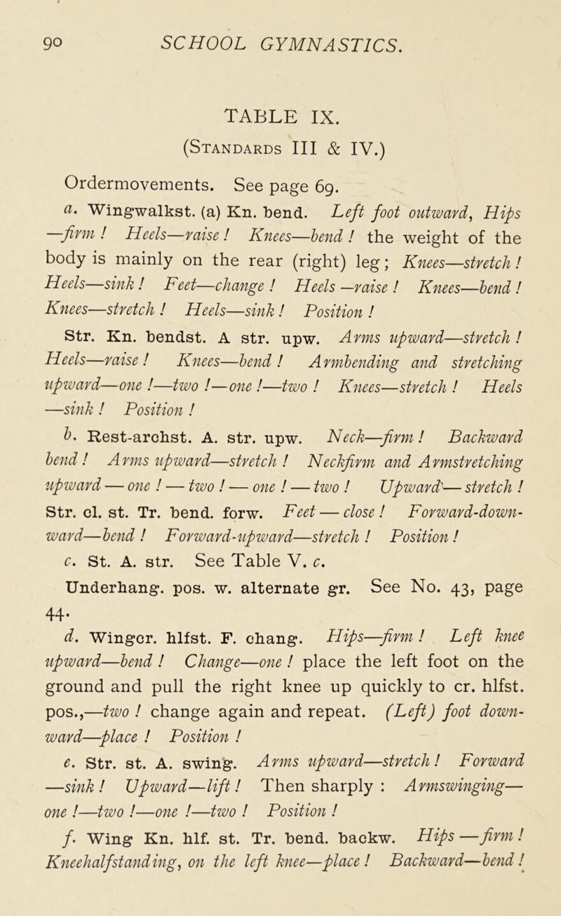 TABLE IX. (Standards III & IV.) Ordermovements. See page 69. a- Wingwalkst. (a) Kn. bend. Left foot outward, Hips -firm ! Heels—raise ! Knees—bend ! the weight of the body is mainly on the rear (right) leg; Knees—stretch ! Heels—sink ! Feet—change ! Heels —raise ! Knees—bend ! Knees—stretch ! Heels—sink ! Position ! Str. Kn. bendst. A str. upw. Arms upward—stretch ! Heels—raise ! Knees—bend ! A rmbending and stretching upward—one !—two !—one !—two ! Knees—stretch ! Heels —sink ! Position ! b. Rest-archst. A. str. upw. Neck—firm! Backward bend! Arms upward—stretch! Neckfirm and Armstretching upward — one ! — two ! — one ! — two ! Upward'— stretch ! Str. cl. st. Tr. bend. forw. Feet — close ! Forward-down- ward—bend ! Forward-upward—stretch ! Position ! c. St. A. str. See Table V. c. Underhang. pos. w. alternate gr. See No. 43, page 44. d. Winger, hlfst. F. chang. Hips—firm ! Left knee upward—bend ! Change—one ! place the left foot on the ground and pull the right knee up quickly to cr. hlfst. pos.,—two! change again and repeat. (Left) foot down- ward—place ! Position ! e. Str. st. A. swing. Arms upward—stretch! Forward —sink! Upward—lift! Then sharply : Armswinging— one !—two !—one !—two ! Position ! /. Wing Kn. hlf. st. Tr. bend, backw. Hips —firm! Kneehalfstanding, on the left knee—place! Backward—bend !