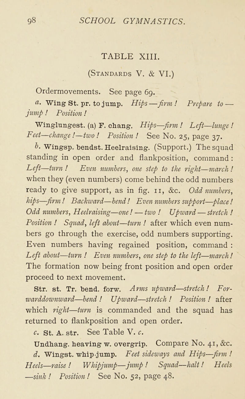 TABLE XIII. (Standards V. & VI.) Ordermovements. See page 69. a> Wing St. pr. to jump. Hips—firm! Prepare to— jump! Position! Winglungest. (a) F. chang. Hips—-firm! Left—lunge! Feet—change!—two! Position! See No. 25, page 37. h. Wingsp. bendst. Heelraising. (Support.) The squad standing in open order and flankposition, command : Left—turn ! Even numbers, one step to the right—march ! when they (even numbers) come behind the odd numbers ready to give support, as in fig. 11, &c. Odd numbers, hips—firm! Backward—bend! Even numbers support—place! Odd numbers, Heelraising—one! — two ! Upward — stretch ! Position ! Squad, left about—turn ! after which even num- bers go through the exercise, odd numbers supporting. Even numbers having regained position, command : Left about—turn ! Even numbers, one step to the left—march! The formation now being front position and open order proceed to next movement. Str. st. Tr. bend. forw. Arms upward—stretch! For- warddownward—bend ! Upivard—stretch ! Position ! after which right—turn is commanded and the squad has returned to flankposition and open order. c. St. A. str. See Table V. c. Undhang. heaving w. overgrip. Compare No. 41, &c. d. Wingst. whip-jump. Feet sideways and Hips—firm ! Heels—raise ! Whip jump—jump ! Squad—halt! Heels —sink ! Position! See No. 52, page 48.