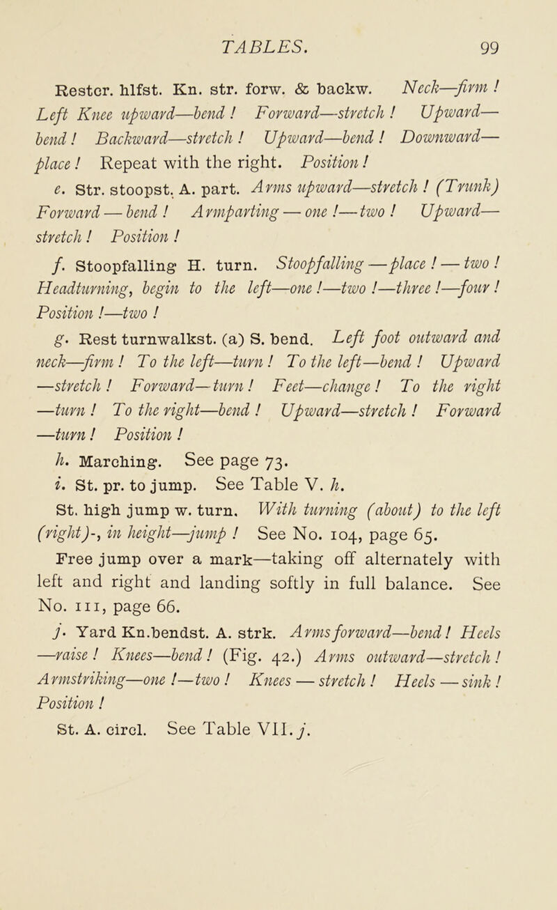 Restcr. hlfst. Kn. str. forw. & backw. Neck—firm ! Left Knee upward—bend! Forward—stretch! Upward— bend! Backward—stretch ! Upward—bend ! Downward— place ! Repeat with the right. Position! e. Str. stoopst. A. part. Arms upward—stretch ! (Trunk) Forward — bend ! A rmparting — one !— two ! Upward— stretch! Position ! f. Stoopfalling H. turn. Stoopfalling—place! — two! Headturning, begin to the left—one !—two !—three !—four! Position !—two ! g. Rest turnwalkst. (a) S. bend. Left foot outward and neck—-firm ! To the left—turn ! To the left—bend ! Upward —stretch! Forward—turn ! Feet—change! To the right —turn ! To the right—bend ! Upward—stretch ! Forward —turn ! Position ! h. Marching. See page 73. i. St. pr. to jump. See Table V. h. St. high jump w. turn. With turning (about) to the left (right)-, in height—jump ! See No. 104, page 65. Free jump over a mark—taking off alternately with left and right and landing softly in full balance. See No. hi, page 66. y. Yard Kn.bendst. A. strk. Arms forward—bend! Heels —raise! Knees—bend! (Fig. 42.) Arms outward—stretch! A rmstriking—one /— two ! Knees — stretch ! Heels — sink ! Position!