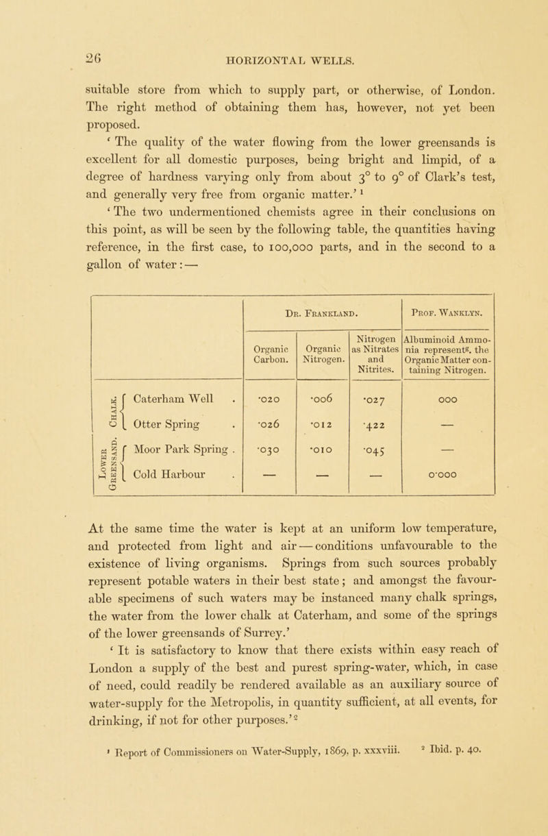 suitable store from which to supply part, or otherwise, of London. The right method of obtaining them has, however, not yet been proposed. * The quality of the water flowing from the lower greensands is excellent for all domestic purposes, being bright and limpid, of a degree of hardness varying only from about 30 to 90 of Clark’s test, and generally very free from organic matter.’1 ‘ The two undermentioned chemists agree in their conclusions on this point, as will be seen by the following table, the quantities having reference, in the first case, to 100,000 parts, and in the second to a gallon of water : — Dr. Frankland. Prof. Wanklyn. Organic Carbon. Organic Nitrogen. Nitrogen as Nitrates and Nitrites. Albuminoid Ammo- nia represents, the Organic Matter con- taining Nitrogen. Caterham Well •020 VO O O • •027 OOO 11 Otter Spring *02 6 *012 •422 — Lower Greensand. r Moor Park Spring . Cold Harbour •°3° •OIO •045 0-000 At the same time the water is kept at an uniform low temperature, and protected from light and air — conditions unfavourable to the existence of living organisms. Springs from such sources probably represent potable waters in their best state; and amongst the favour- able specimens of such waters may be instanced many chalk springs, the water from the lower chalk at Caterham, and some of the springs of the lower greensands of Surrey.’ ‘ It is satisfactory to know that there exists within easy reach of London a supply of the best and purest spring-water, which, in case of need, could readily be rendered available as an auxiliary source of water-supply for the Metropolis, in quantity sufficient, at all events, for drinking, if not for other purposes.’2 1 Report of Commissioners on Water-Supply, 1869, p. xxxviii. 2 Ibid. p. 40.