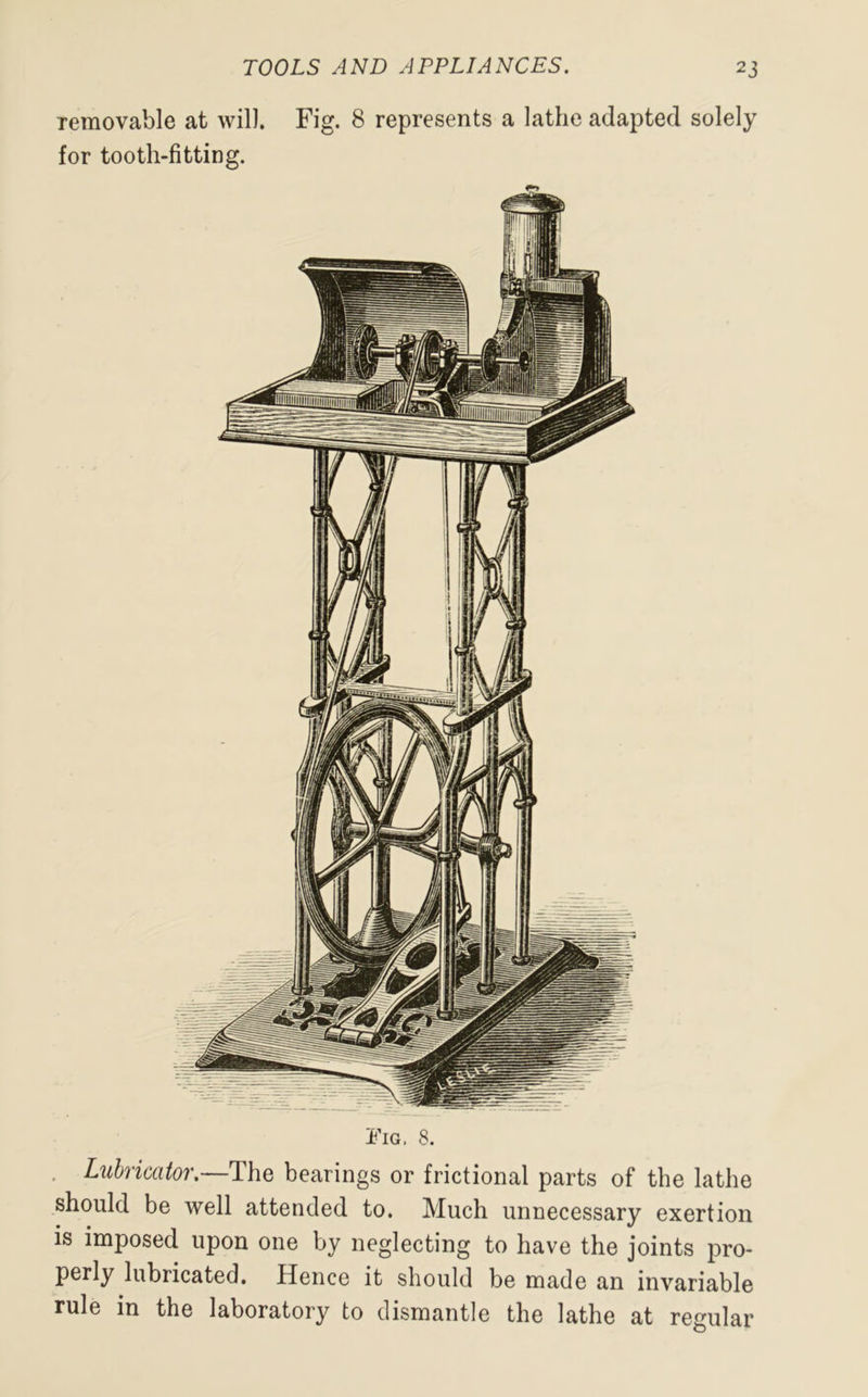 removable at will. Fig. 8 represents a lathe adapted solely for tooth-fitting. 'Fig, 8. • Lubricator.—The bearings or frictional parts of the lathe should be well attended to. Much unnecessary exertion is imposed upon one by neglecting to have the joints pro- perly lubricated. Hence it should be made an invariable rule in the laboratory to dismantle the lathe at regular