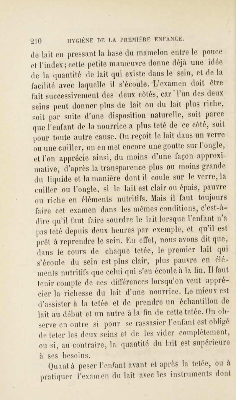 de lait en pressant la base du mamelon entre le pouce et l’index; cette petite manœuvre donne déjà une idée de la quantité de lait qui existe dans le sein, et de la facilité avec laquelle il s’écoule. L’examen doit être fait successivement des deux côtés, car ' l’un des deux seins peut donner plus de lait ou du lait plus riche, soit par suite d’une disposition naturelle, soit parce que l’enfant de la nourrice a plus teté de ce côté, soit pour toute autre cause. On reçoit le lait dans un verre ou une cuiller, on en met encore une goutte sur 1 ongle, et l’on apprécie ainsi, du moins d’une façon approxi- mative, d’après la transparence plus ou moins grande du liquide et la manière dont il coule sur le verre, la cuiller ou l’ongle, si le lait est clair ou épais, pauvre ou riche en éléments nutritifs. Mais il faut toujours faire cet examen dans les mêmes conditions, c’est-à- dire qu’il faut faire sourdre le lait lorsque l’enfant n’a pas teté depuis deux heures par exemple, et qu’il est prêt à reprendre le sein. En effet, nous avons dit que, dans le cours de chaque tetée, le premier lait qui s’écoule du sein est plus clair, plus pauvre en élé- ments nutritifs que celui qui s’en écoule à la fin. Il faut tenir compte de ces différences lorsqu’on veut appré- cier la richesse du lait d’une nourrice. Le mieux est d’assister à la tetée et de prendre un échantillon de lait au début et un autre à la fin de cette tetée. On ob- serve en outre si pour se rassasier l’enfant est obligé de teter les deux seins et de les vider complètement, ou si, au contraire, la quantité du lait est supérieure à ses besoins. Quant à peser l’enfant avant et après la tetée, ou à pratiquer l’examen du lait avec les instruments dont