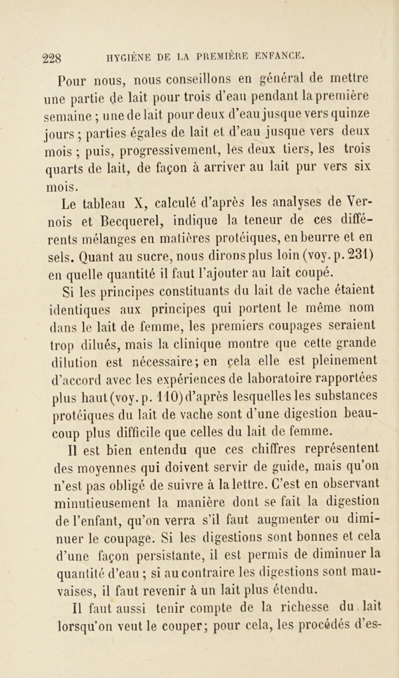 Pour nous, nous conseillons en général de mettre une partie de lait pour trois d’eau pendant la première semaine ; une de lait pour deux d’eau jusque vers quinze jours ; parties égales de lait et d’eau jusque vers deux mois ; puis, progressivement, les deux tiers, les trois quarts de lait, de façon à arriver au lait pur vers six mois. Le tableau X, calculé d’après les analyses de Ver- nois et Becquerel, indique la teneur de ces diffé- rents mélanges en matières protéiques, en beurre et en sels. Quant au sucre, nous dirons plus loin (voy. p. 231) en quelle quantité il faut l’ajouter au lait coupé. Si les principes constituants du lait de vaclie étaient identiques aux principes qui portent le même nom dans le lait de femme, les premiers coupages seraient trop dilués, mais la clinique montre que cette grande dilution est nécessaire; en çela elle est pleinement d’accord avec les expériences de laboratoire rapportées plus haut(voy.p. 110)d’après lesquelles les substances protéiques du lait de vache sont d’une digestion beau- coup plus difficile que celles du lait de femme. Il est bien entendu que ces chiffres représentent des moyennes qui doivent servir de guide, mais qu’on n’est pas obligé de suivre à la lettre. C’est en observant minutieusement la manière dont se fait la digestion de l’enfant, qu’on verra s’il faut augmenter ou dimi- nuer le coupage. Si les digestions sont bonnes et cela d’une façon persistante, il est permis de diminuer la quantité d’eau ; si au contraire les digestions sont mau- vaises, il faut revenir à un lait plus étendu. Il faut aussi tenir compte de la richesse du lait lorsqu’on veut le couper; pour cela, les procédés d’es-