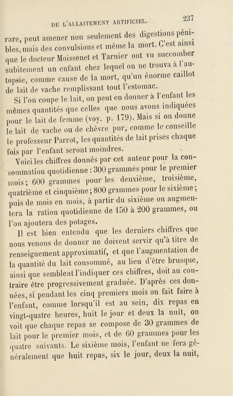 9Q7 de l'allaitement artificiel. rare, peut amener non seulement des digestions péni blés, mais des convulsions et même la mort. C est ainsi (|ue le docteur Moissenet et Tarnier ont vu succomber subitement un enfant chez lequel on ne trouva a 1 au- topsie, comme cause de la mort, qu’un énorme caillot de lait de vache remplissant tout l’estomac. Si l’on coupe le lait, on peut en donner à l’enfant les mêmes quantités que celles que nous avons indiquées pour le lait de femme (voy. p. 19). Mais si on donne le lait de vache ou de chèvre pur, comme le conseille le professeur Parrot, les quantités de lait prises chaque fois par l’enfant seront moindres. Voici les chiffres donnés par cet auteur pour la con- sommation quotidienne : 300 grammes pour le premier mois; 600 grammes pour les deuxième, troisième, quatrième et cinquième ; 800 grammes pour le sixième ; puis de mois en mois, à partir du sixième on augmen- tera la ration quotidienne de 150 à 200 grammes, ou l’on ajoutera des potages. Il est bien entendu que les derniers chiffres que nous venons de donner ne doivent servir qu’à titre de renseignement approximatif, et que l’augmentation de la quantité du lait consommé, au lieu d’être brusque, ainsi que semblent l’indiquer ces chiffres, doit au con- traire être progressivement graduée. D’après ces don- nées, si pendant les cinq premiers mois on lait faire à l’enfant, comme lorsqu’il est au sein, dix repas en vingt-quatre heures, huit le jour et deux la nuit, on voit que chaque repas se compose de 30 grammes de lait pour le premier mois, et de 60 grammes pour les quatre suivants. Le sixième mois, 1 enfant ne loi a gé- néralement que huit repas, six le joui, deux la nuit,