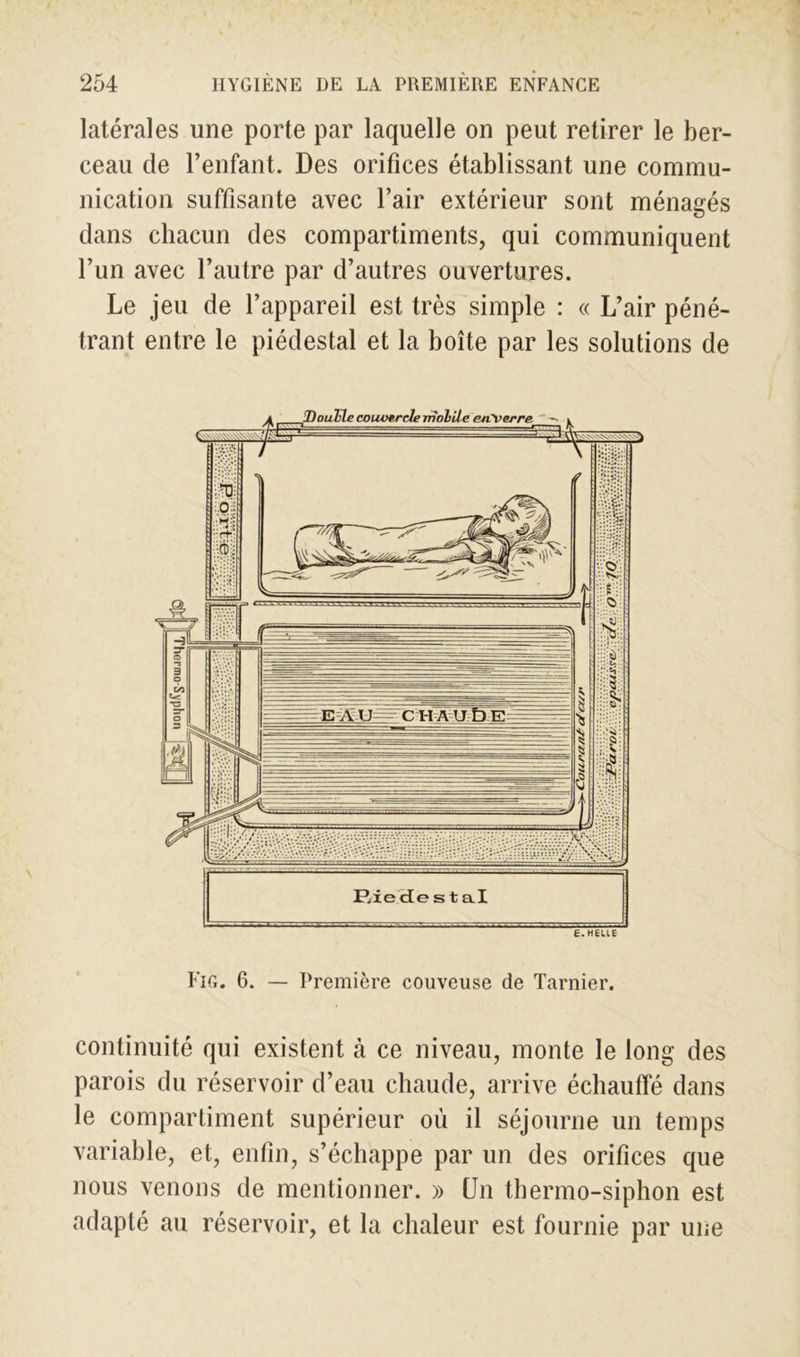 latérales une porte par laquelle on peut retirer le ber- ceau de l’enfant. Des orifices établissant une commu- nication suffisante avec l’air extérieur sont ménagés dans chacun des compartiments, qui communiquent l’un avec l’autre par d’autres ouvertures. Le jeu de l’appareil est très simple : « L’air péné- trant entre le piédestal et la boîte par les solutions de Fig. 6. — Première couveuse de Tarnier. continuité qui existent à ce niveau, monte le long des parois du réservoir d’eau chaude, arrive échauffé dans le compartiment supérieur ou il séjourne un temps variable, et, enfin, s’échappe par un des orifices que nous venons de mentionner. » Un thermo-siphon est adapté au réservoir, et la chaleur est fournie par une