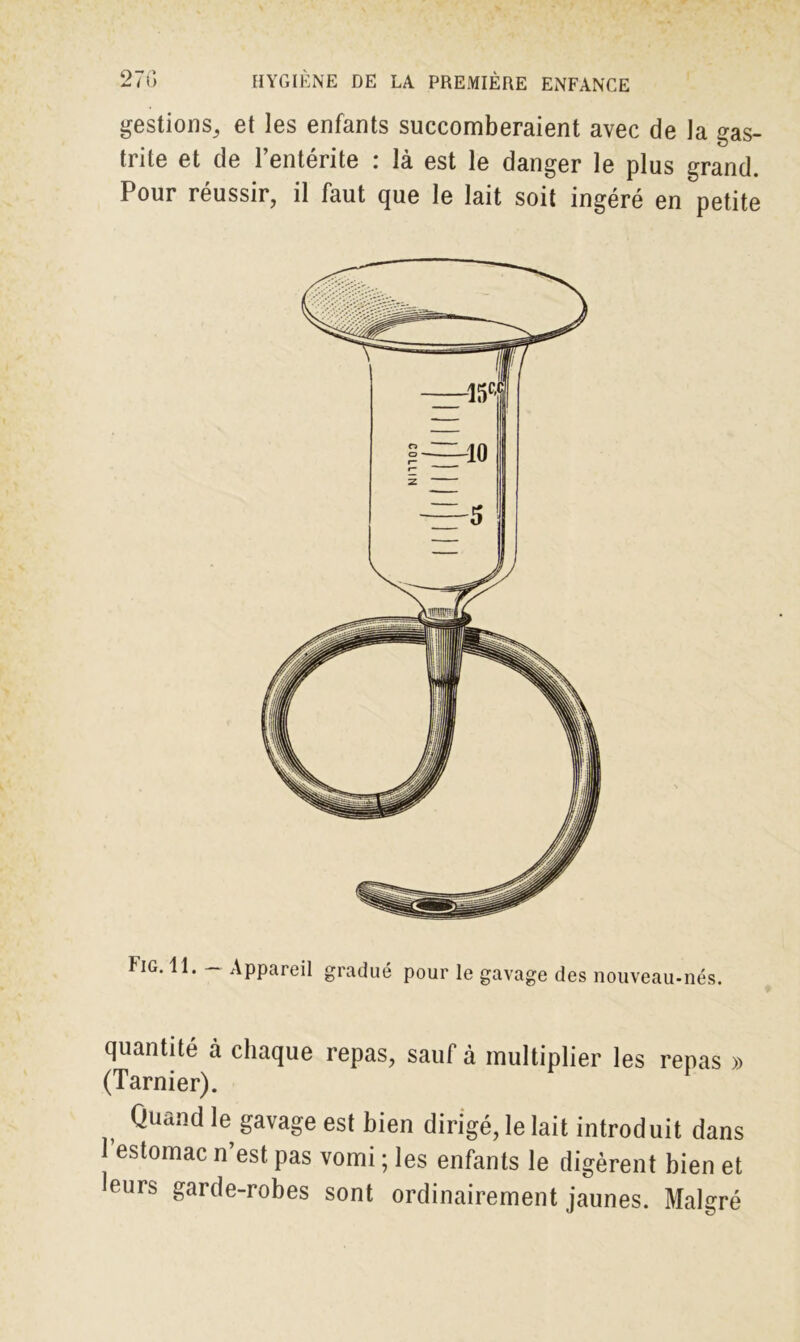 gestions, et les enfants succomberaient avec de la gas- trite et de l’entérite : là est le danger le plus grand. Pour réussir, il faut que le lait soit ingéré en petite Fig. 11. — Appareil gradué pour le gavage des nouveau-nés. quantité à chaque repas, sauf à multiplier les repas » (Tarnier). Quand le gavage est bien dirigé, le lait introduit dans l'estomac n’est pas vomi ; les enfants le digèrent bien et leurs garde-robes sont ordinairement jaunes. Malgré