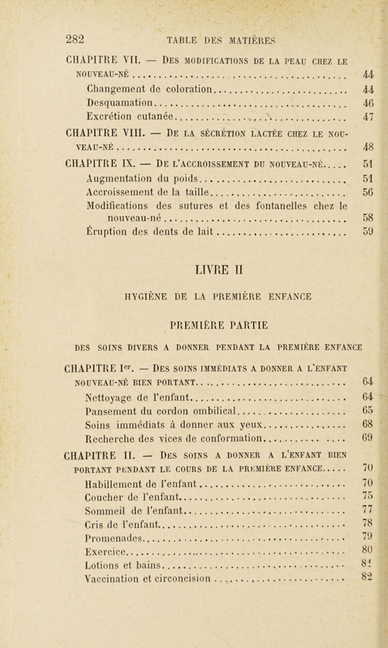 CHAPITRE VII. — Des modifications de la peau chez le NOUVEAU-NÉ 44 Changement de coloration 44 Desquamation 46 Excrétion cutanée 47 CHAPITRE VIII. — De la sécrétion lactée chez le nou- veau-né 48 CHAPITRE IX. — De l’accroissement du nouveau-né 51 Augmentation du poids 51 Accroissement de la taille 56 Modifications des sutures et des fontanelles chez le nouveau-né 58 Éruption des dents de lait 59 \ LIVRE II HYGIÈNE DE LA PREMIÈRE ENFANCE PREMIÈRE PARTIE DES SOINS DIVERS A DONNER PENDANT LA PREMIÈRE ENFANCE CHAPITRE Ier. — Des soins immédiats a donner a l’enfant NOUVEAU-NÉ BIEN PORTANT 64 Nettoyage de l’enfant 64 Pansement du cordon ombilical 65 Soins immédiats à donner aux yeux 68 Recherche des vices de conformation 69 CHAPITRE II. — Des soins a donner a l’enfant bien PORTANT PENDANT LE COURS DE LA PREMIÈRE ENFANCE TU Habillement de l’enfant 70 Coucher de l’enfant 75 Sommeil de l’enfant 77 Cris de l’enfant 78 Promenades 79 Exercice 80 Lotions et bains 81 Vaccination et circoncision 82