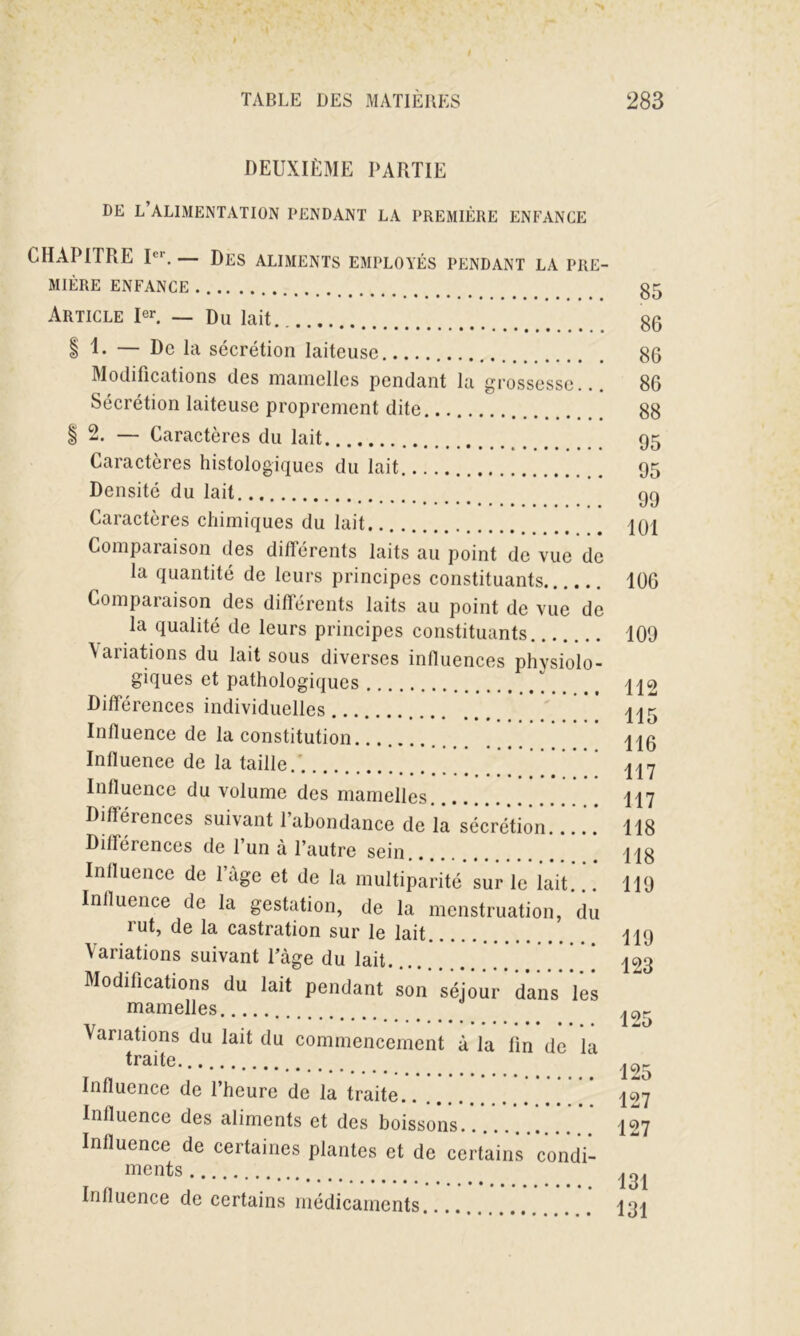 DEUXIÈME PARTIE DE L’ALIMENTATION PENDANT LA PREMIÈRE ENFANCE CHAPITRE Ier.— Des aliments employés pendant la pre- mière ENFANCE 85 Article Ier. — Du lait i 1> — De la sécrétion laiteuse Modifications des mamelles pendant la grossesse.. Sécrétion laiteuse proprement dite | 2. — Caractères du lait Caractères histologiques du lait Densité du lait Caractères chimiques du lait Comparaison des différents laits au point de vue de la quantité de leurs principes constituants Comparaison des différents laits au point de vue de la qualité de leurs principes constituants Variations du lait sous diverses influences physiolo- giques et pathologiques Différences individuelles Influence de la constitution ’ Influence de la taille.'. Influence du volume des mamelles Différences suivant l’abondance de la sécrétion. Différences de l’un à l’autre sein Influence de l’àge et de la multiparité sur le lait... Influence de la gestation, de la menstruation, du rut, de la castration sur le lait Variations suivant Page du lait Modifications du lait pendant son séjour dans les mamelles Variations du lait du commencement à la fin de la traite Influence de l’heure de la traite.. Influence des aliments et des boissons Influence de certaines plantes et de certains condi- ments Influence de certains médicaments. 86 86 86 88 95 95 99 101 106 109 112 115 116 117 117 118 118 119 119 123 125 125 127 127 131 131