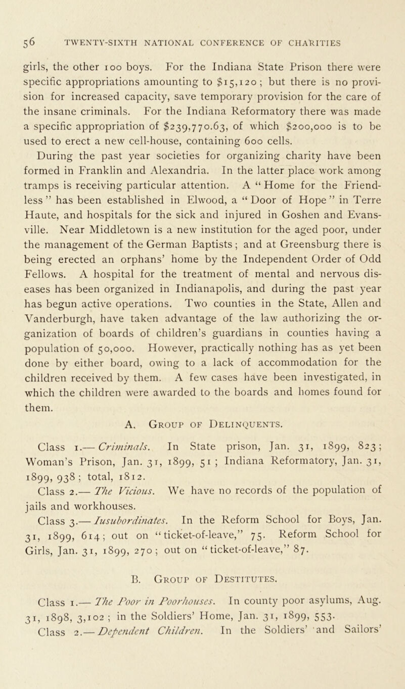 girls, the other 100 boys. For the Indiana State Prison there were specific appropriations amounting to $15,120 ; but there is no provi- sion for increased capacity, save temporary provision for the care of the insane criminals. For the Indiana Reformatory there was made a specific appropriation of $239,770.63, of which $200,000 is to be used to erect a new cell-house, containing 600 cells. During the past year societies for organizing charity have been formed in Franklin and Alexandria. In the latter place work among tramps is receiving particular attention. A “ Home for the Friend- less ” has been established in Elwood, a “ Door of Hope ” in Terre Haute, and hospitals for the sick and injured in Goshen and Evans- ville. Near Middletown is a new institution for the aged poor, under the management of the German Baptists; and at Greensburg there is being erected an orphans’ home by the Independent Order of Odd Fellows. A hospital for the treatment of mental and nervous dis- eases has been organized in Indianapolis, and during the past year has begun active operations. Two counties in the State, Allen and Vanderburgh, have taken advantage of the law authorizing the or- ganization of boards of children’s guardians in counties having a population of 50,000. However, practically nothing has as yet been done by either board, owing to a lack of accommodation for the children received by them. A few cases have been investigated, in which the children were awarded to the boards and homes found for them. A. Group of Delinquents. Class 1.— Criminals. In State prison, Jan. 31, 1899, 823; Woman’s Prison, Jan. 31, 1899, 51 ; Indiana Reformatory, Jan. 31, 1899, 938 ; total, 1812. Class 2.— The Vicious. We have no records of the population of jails and workhouses. Class 3.— Iusubordinates. In the Reform School for Boys, Jan. 31, 1899, 614; out on “ ticket-of-leave,” 75. Reform School for Girls, Jan. 31, 1899, 270; out on “ ticket-of-leave,” 87. B. Group of Destitutes. Class 1.— The Poor in Poor houses. In county poor asylums, Aug. 31, 1898, 3,102 ; in the Soldiers’ Home, Jan. 31, 1899, 553. Class 2.— Dependent Children. In the Soldiers’ ‘and Sailors’