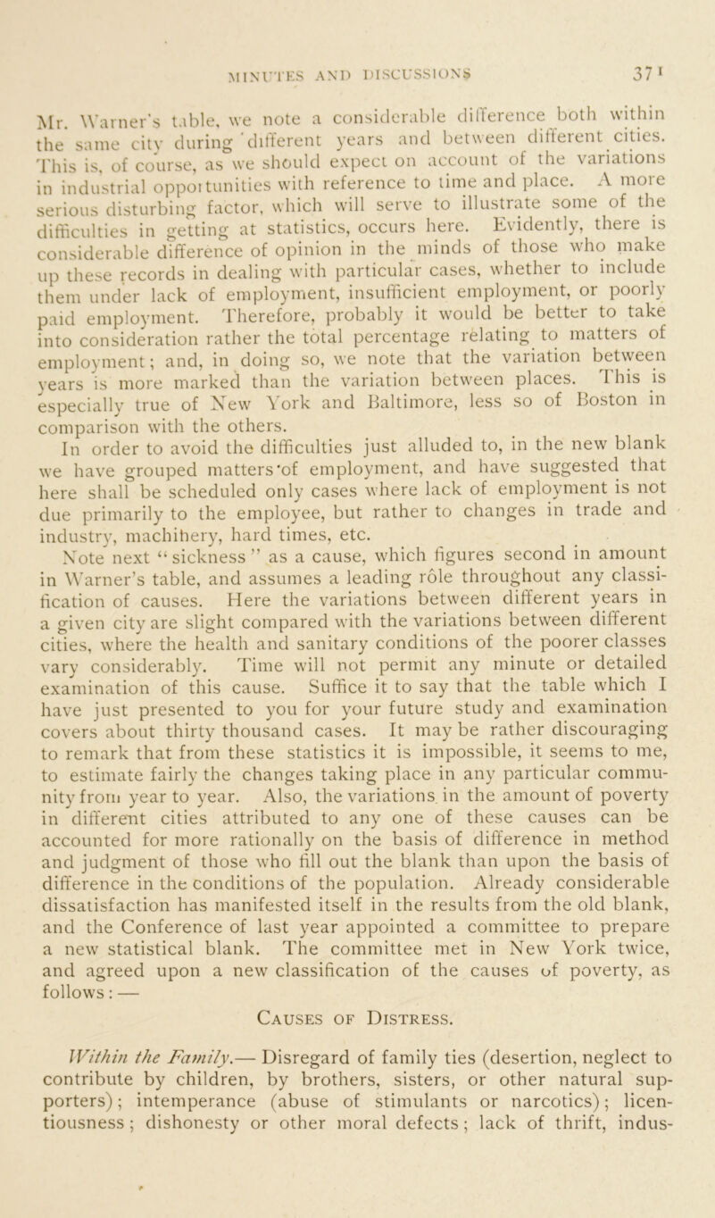 Mr. Warner's table, we note a considerable difference both within the same city during different years and between ditteient cities. This is, of course, as we should expect on account of the variations in industrial oppoitrinities with reference to time and place. A more serious disturbing factor, which will serve to illustrate some of the difficulties in getting at statistics, occurs here. Evidently, there is considerable difference of opinion in the minds of those who make up these records in dealing with particular cases, whether to include them under lack of employment, insufficient employment, or poorly paid employment. 1 herefore, probably it would be better to take into consideration rather the total percentage relating, to matters of employment; and, in doing so, we note that the variation between years is more marked than the variation between places. This is especially true of New York and Baltimore, less so of Boston in comparison with the others. In order to avoid the difficulties just alluded to, in the new blank we have grouped matters'of employment, and have suggested that here shall be scheduled only cases where lack of employment is not due primarily to the employee, but rather to changes in trade and industry, machitiery, hard times, etc. Note next “ sickness ” as a cause, which figures second in amount in Warner’s table, and assumes a leading role throughout any classi- fication of causes. Here the variations between different years in a given city are slight compared with the variations between different cities, where the health and sanitary conditions of the poorer classes vary considerably. Time will not permit any minute or detailed examination of this cause. Suffice it to say that the table which I have just presented to you for your future study and examination covers about thirty thousand cases. It may be rather discouraging to remark that from these statistics it is impossible, it seems to me, to estimate fairly the changes taking place in any particular commu- nity from year to year. Also, the variations, in the amount of poverty in different cities attributed to any one of these causes can be accounted for more rationally on the basis of difference in method and judgment of those who fill out the blank than upon the basis of difference in the conditions of the population. Already considerable dissatisfaction has manifested itself in the results from the old blank, and the Conference of last year appointed a committee to prepare a new statistical blank. The committee met in New York twice, and agreed upon a new classification of the causes of poverty, as follows: — Causes of Distress. Within the Family.— Disregard of family ties (desertion, neglect to contribute by children, by brothers, sisters, or other natural sup- porters) ; intemperance (abuse of stimulants or narcotics); licen- tiousness; dishonesty or other moral defects; lack of thrift, indus-