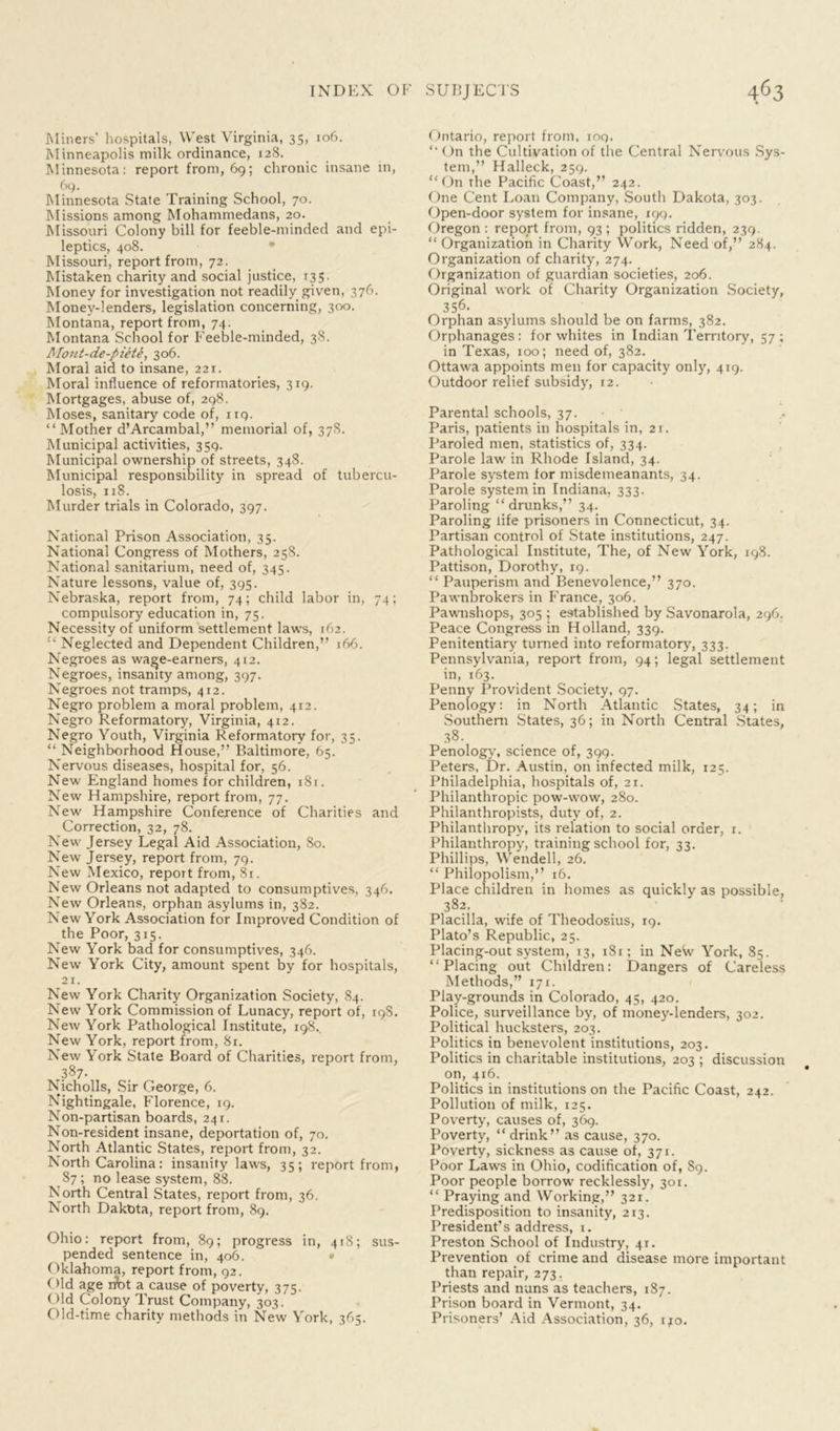 Miners’ hospitals, West Virginia, 35, 106. Minneapolis milk ordinance, 128. Minnesota: report from, 69; chronic insane in, 69. Minnesota State Training School, 70. Missions among Mohammedans, 20. Missouri Colony bill for feeble-minded and epi- leptics, 408. Missouri, report from, 72. Mistaken charity and social justice, 135. Money for investigation not readily given, 376. Money-lenders, legislation concerning, 300. Montana, report from, 74. Montana School for Feeble-minded, 38. Mout-de-piete, 306. Moral aid to insane, 221. Moral influence of reformatories, 319. Mortgages, abuse of, 298. Moses, sanitary code of, 119. “Mother d’Arcambal,” memorial of, 378. Municipal activities, 359. Municipal ownership of streets, 348. Municipal responsibility in spread of tubercu- losis, 118. Murder trials in Colorado, 397. National Prison Association, 35. National Congress of Mothers, 258. National sanitarium, need of, 345. Nature lessons, value of, 395. Nebraska, report from, 74; child labor in, 74; compulsory education in, 75. Necessity of uniform settlement laws, 162. “ Neglected and Dependent Children,” i<56. Negroes as wage-earners, 412. Negroes, insanity among, 397. Negroes not tramps, 412. Negro problem a moral problem, 412. Negro Reformatory, Virginia, 412. Negro Youth, Virginia Reformatory for, 35. “ Neighborhood House,” Baltimore, 65. Nervous diseases, hospital for, 56. New England homes for children, 18r. New Hampshire, report from, 77. New Hampshire Conference of Charities and Correction, 32, 78. New Jersey Legal Aid Association, 80. New Jersey, report from, 79. New Mexico, report from, 81. New Orleans not adapted to consumptives, 346. New Orleans, orphan asylums in, 382. New York Association for Improved Condition of the Poor, 315. New York bad for consumptives, 346. New York City, amount spent by for hospitals, 21. New York Charity Organization Society, 84. New York Commission of Lunacy, report of, 19S. New York Pathological Institute, 198.. New York, report from, 81. New York State Board of Charities, report from, 387. Nicholls, Sir George, 6. Nightingale, Florence, 19. Non-partisan boards, 241. Non-resident insane, deportation of, 70. North Atlantic States, report from, 32. North Carolina: insanity laws, 35; report from, 87 ; no lease system, 88. North Central States, report from, 36. North Dakota, report from, 89. Ohio: report from, 89; progress in, 418; sus- pended sentence in, 406. • Oklahoma, report from, 92. ('Id age n\>t a cause of poverty, 375. Old Colony Trust Company, 303. Old-time charity methods in New York, 3^5. Ontario, report from, 109. “ On the Cultivation of the Central Nervous Sys- tem,” Halleck, 259. “On the Pacific Coast,” 242. One Cent Loan Company, South Dakota, 303. Open-door system for insane, 199. Oregon: report from, 93; politics ridden, 239. “Organization in Charity Work, Need of,” 284. Organization of charity, 274. Organization of guardian societies, 206. Original work of Charity Organization Society, 356- Orphan asylums should be on farms, 382. Orphanages: for whites in Indian Territory, 57; in Texas, 100; need of, 382. Ottawa appoints men for capacity only, 419. Outdoor relief subsidy', 12. Parental schools, 37. Paris, patients in hospitals in, 2r. Paroled men, statistics of, 334. Parole law in Rhode Island, 34. Parole system for misdemeanants, 34. Parole system in Indiana, 333. Paroling “ drunks,” 34. Paroling life prisoners in Connecticut, 34. Partisan control of State institutions, 247. Pathological Institute, The, of New York, 198. Pattison, Dorothy, 19. “ Pauperism and Benevolence,” 370. Pawnbrokers in France, 306. Pawnshops, 305 ; established by Savonarola, 296. Peace Congress in Holland, 339. Penitentiary' turned into reformatory, 333. Pennsylvania, report from, 94; legal settlement in, 163. Penny Provident Society, 97. Penology: in North Atlantic States, 34; in Southern States, 36; in North Central States, 38- Penology, science of, 399. Peters, Dr. Austin, on infected milk, 125. Philadelphia, hospitals of, 21. Philanthropic pow-wow, 280. Philanthropists, duty of, 2. Philanthropy', its relation to social order, r. Philanthropy, training school for, 33. Phillips, Wendell, 26. “ Phiiopolism,” 16. Place children in homes as quickly as possible, 382, Placilla, wife of Theodosius, 19. Plato’s Republic, 25. Placing-out system, 13, 181; in New York, 85. “Placing out Children: Dangers of Careless Methods,” 171. Play-grounds in Colorado, 45, 420. Police, surveillance by, of money-lenders, 302. Political hucksters, 203. Politics in benevolent institutions, 203. Politics in charitable institutions, 203 ; discussion on, 416. Politics in institutions on the Pacific Coast, 242. Pollution of milk, 125. Poverty, causes of, 369. Poverty, “ drink” as cause, 370. Poverty, sickness as cause of, 371. Poor Laws in Ohio, codification of, 89. Poor people borrow recklessly, 301. “ Praying and Working,” 321. Predisposition to insanity, 213. President’s address, 1. Preston School of Industry, 41. Prevention of crime and disease more important than repair, 273. Priests and nuns as teachers, 187. Prison board in Vermont, 34. Prisoners’ Aid Association, 36, 140.