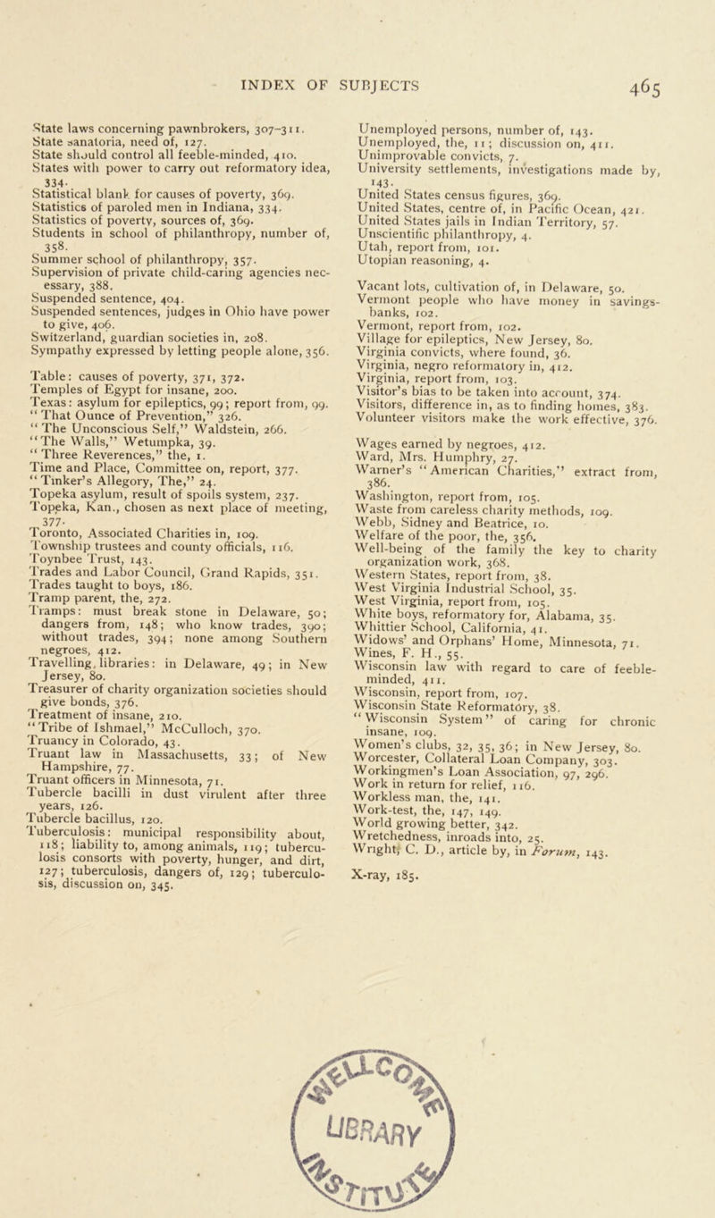 State laws concerning pawnbrokers, 307-311. State sanatoria, need of, 127. State should control all feeble-minded, 410. States with power to carry out reformatory idea, 334- Statistical blank for causes of poverty, 369. Statistics of paroled men in Indiana, 334. Statistics of poverty, sources of, 369. Students in school of philanthropy, number of, 358. Summer school of philanthropy, 357. Supervision of private child-caring agencies nec- essary, 388. Suspended sentence, 404. Suspended sentences, judges in Ohio have power to give, 406. Switzerland, guardian societies in, 208. Sympathy expressed by letting people alone, 356. Table: causes of poverty, 371, 372. Temples of Egypt for insane, 200. Texas: asylum for epileptics, 99; report from, 99. “ That Ounce of Prevention,” 326. “ The Unconscious Self,” Waldstein, 266. “The Walls,” Wetumpka, 39. “ Three Reverences,” the, 1. Time and Place, Committee on, report, 377. “ Tinker’s Allegory, The,” 24. Topeka asylum, result of spoils system, 237. Topeka, Kan., chosen as next place of meeting, 377- Toronto, Associated Charities in, 109. Township trustees and county officials, 116. Toynbee Trust, 143. Trades and Labor Council, Grand Rapids, 351. Trades taught to boys, 186. Tramp parent, the, 272. Tramps: must break stone in Delaware, 50; dangers from, 148; who know trades, 390; without trades, 394; none among Southern negroes, 412. Travelling, libraries: in Delaware, 49; in New Jersey, 80. Treasurer of charity organization societies should give bonds, 376. Treatment of insane, 210. “Tribe of Ishmael,” McCulloch, 370. Truancy in Colorado, 43. Truant law in Massachusetts, 33; of New Hampshire, 77. Truant officers in Minnesota, 71. Tubercle bacilli in dust virulent after three years, 126. Tubercle bacillus, 120. Tuberculosis: municipal responsibility about, 118; liability to, among animals, 119; tubercu- losis consorts with poverty, hunger, and dirt, 127; tuberculosis, dangers of, 129; tuberculo- sis, discussion on, 345. Unemployed persons, number of, 143. Unemployed, the, 11; discussion on, 411. Unimprovable convicts, 7. University settlements, investigations made by, MS- United States census figures, 36c*. United States, centre of, in Pacific Ocean, 421. United States jails in Indian Territory, 57. Unscientific philanthropy, 4. Utah, report from, 101. Utopian reasoning, 4. Vacant lots, cultivation of, in Delaware, 50. Vermont people who have money in savings- banks, 102. Vermont, report from, 102. Village for epileptics, New Jersey, 80. Virginia convicts, where found, 36. Virginia, negro reformatory in, 412. Virginia, report from, 103. Visitor’s bias to be taken into account, 374. Visitors, difference in, as to finding homes, 383. Volunteer visitors make the work effective, 376. Wages earned by negroes, 412. Ward, Mrs. Humphry, 27. Warner’s “American Charities,” extract from, 386. Washington, report from, 105. Waste from careless charity methods, 109. Webb, Sidney and Beatrice, 10. Welfare of the poor, the, 35G Well-being of the family the key to charity organization work, 368. Western States, report from, 38. West Virginia Industrial School, 35. West Virginia, report from, 105. White boys, reformatory for, Alabama, 35. Whittier School, California, 41. Widows’ and Orphans’ Home, Minnesota, 71. Wines, F. H., 55. ' Wisconsin law with regard to care of feeble- minded, 411. Wisconsin, report from, 107. Wisconsin State Reformatory, 38. “Wisconsin System” of caring for chronic insane, 109. Women’s clubs, 32, 35, 36; in New Jersey, 80. Worcester, Collateral Loan Company, 303. Workingmen’s Loan Association, 97, 296. Work in return for relief, 116. Workless man, the, 141. Work-test, the, 147, 149. World growing better, 342. Wretchedness, inroads into, 25. Wright; C. D., article by, in Forum, 143. X-ray, 185.