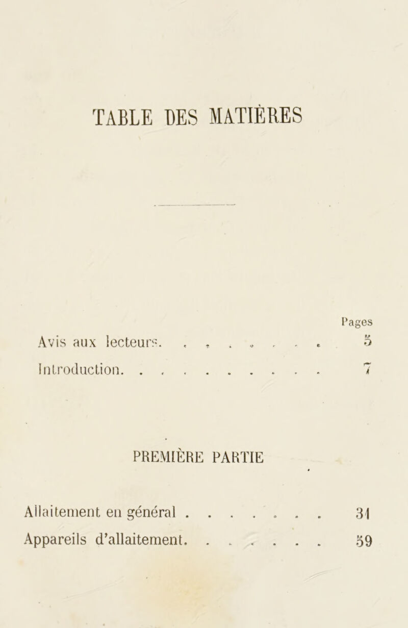 TABLE DES MATIÈRES Avis aux lecteurs. Introduction. . , PREMIÈRE PARTIE Allaitement en général .... Appareils d’allaitement. . . .