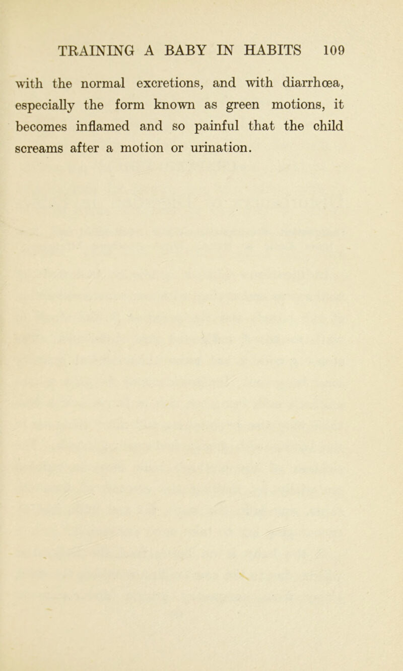 with the normal excretions, and with diarrhoea, especially the form known as green motions, it becomes inflamed and so painful that the child screams after a motion or urination.