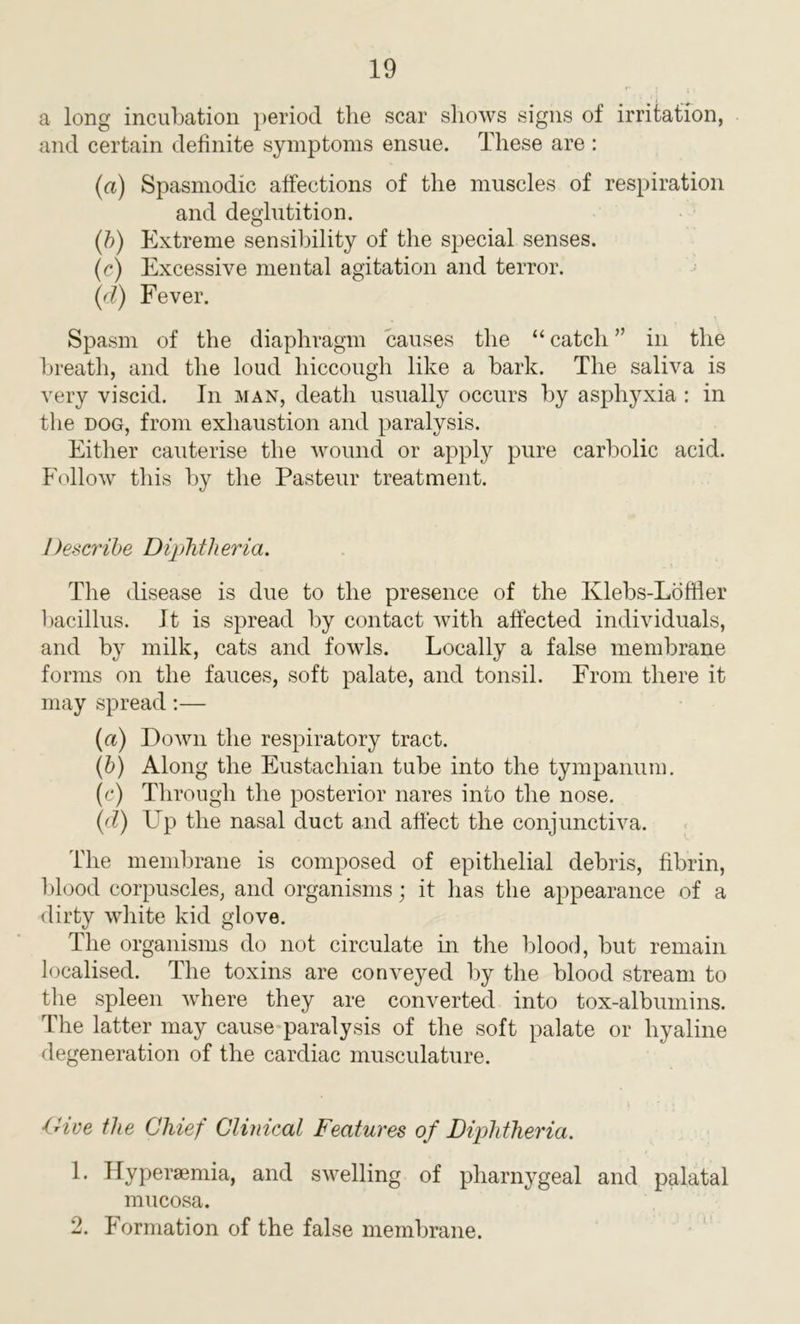 a long incubation period the scar shows signs of irritation, and certain definite symptoms ensue. These are : (a) Spasmodic affections of the muscles of respiration and deglutition. (b) Extreme sensibility of the special senses. (c) Excessive mental agitation and terror. (d) Fever. Spasm of the diaphragm causes the “ catch ” in the breath, and the loud hiccough like a bark. The saliva is very viscid. In man, death usually occurs by asphyxia : in the dog, from exhaustion and paralysis. Either cauterise the wound or apply pure carbolic acid. Follow this by the Pasteur treatment. Describe Diphtheria. The disease is due to the presence of the Klebs-Loffier bacillus. It is spread by contact with affected individuals, and by milk, cats and fowls. Locally a false membrane forms on the fauces, soft palate, and tonsil. From there it may spread:— (a) Down the respiratory tract. (b) Along the Eustachian tube into the tympanum. (c) Through the posterior nares into the nose. (d) Up the nasal duct and affect the conjunctiva. The membrane is composed of epithelial debris, fibrin, blood corpuscles, and organisms; it has the appearance of a dirty white kid glove. The organisms do not circulate in the blood, but remain localised. The toxins are conveyed by the blood stream to the spleen where they are converted into tox-albumins. The latter may cause paralysis of the soft palate or hyaline degeneration of the cardiac musculature. Owe the Chief Clinical Features of Diphtheria. 1- Hyperaemia, and swelling of pharnygeal and palatal mucosa. 2. Formation of the false membrane.
