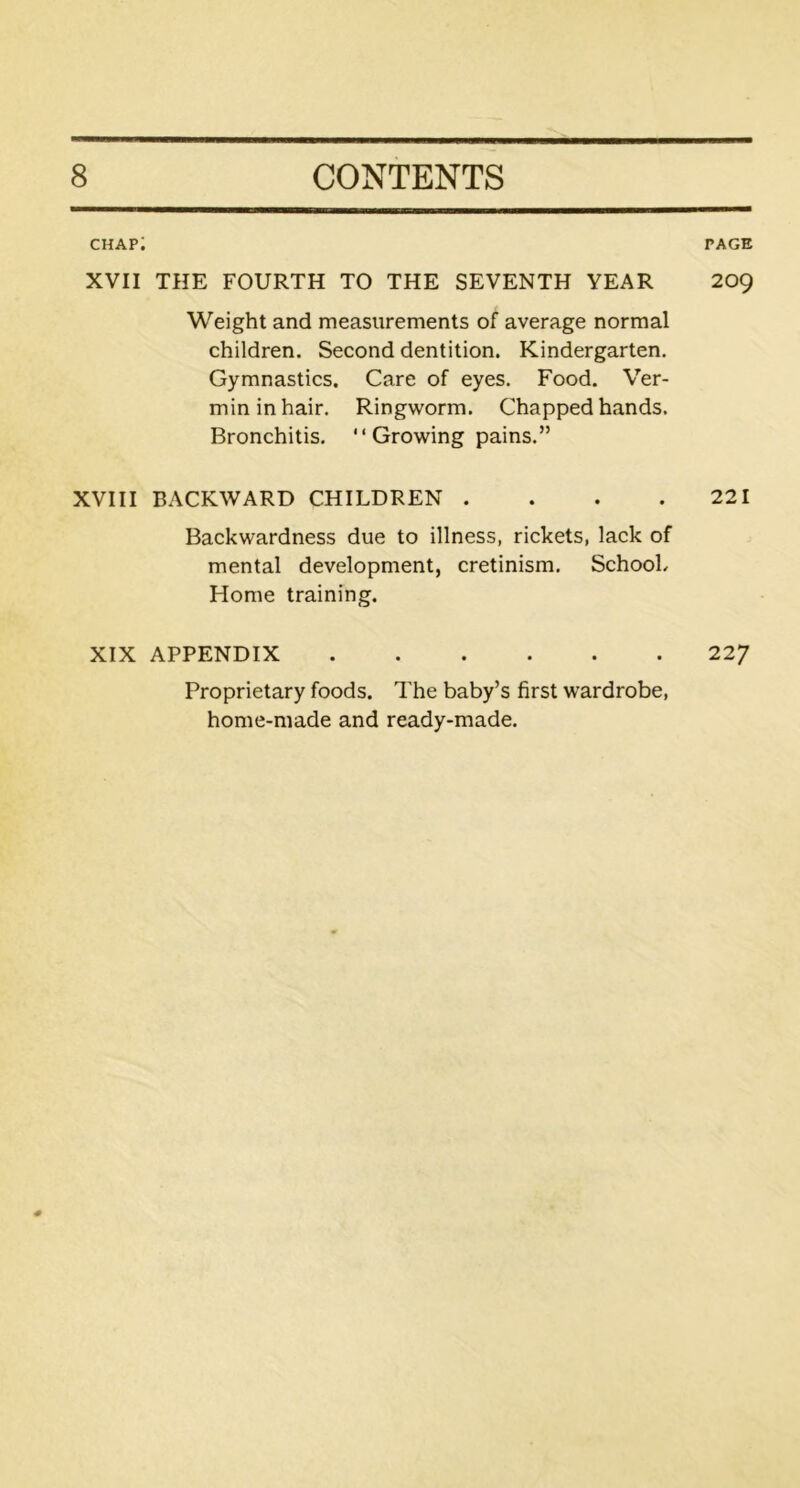 chap; XVII THE FOURTH TO THE SEVENTH YEAR Weight and measurements of average normal children. Second dentition. Kindergarten. Gymnastics. Care of eyes. Food. Ver- min in hair. Ringworm. Chapped hands. Bronchitis. “ Growing pains.” XVIII BACKWARD CHILDREN .... Backwardness due to illness, rickets, lack of mental development, cretinism. School. Home training. XIX APPENDIX Proprietary foods. The baby’s first wardrobe, home-made and ready-made. PAGE 209 221 227