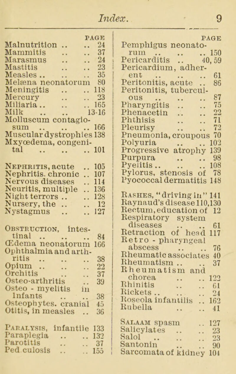 PAGE Malnutrition .. ..24 Mammitis .. .. 37 Marasmus .. .. 24 Mastitis .. .. 23 Measles 35 Melsena neonatorum 80 Meningitis .. ..118 Mercury .. .. 23 Miliaria 165 Milk .. .. 13-16 Molluscum contagio- sum 166 Muscular dystrophies 138 Mxyoedema, congeni- tal 101 Nephritis, acute .. 105 Nephritis, chronic .. 107 Nervous diseases .. 114 Neuritis, multiple .. 136 Night terrors .. .. 128 Nursery, the .. .. 12 Nystagmus .. ..127 Obstruction, intes- tinal 84 (Edema neonatorum 166 Ophthalmia and arth- ritis 38 Opium 22 Orchitis .. .. 37 Osteo-arthritis .. 39 Osteo - myelitis in Infants .. .. 38 Osteophytes, cranial 45 Otitis, in measles .. 36 Paralysis, infantiie 133 Paraplegia .. .. 132 Parotitis .. .. 37 Ped culosis .. .. 155 ! PAGE Pemphigus neonato- rum 150 Pericarditis .. 40,59 Pericardium, adher- ent 61 Peritonitis, acute .. 86 Peritonitis, tubercul- ous 87 Pharyngitis .. .. 75 Phenacetin .. .. 22 Phthisis .. .. 71 Pleurisy .. .. 72 Pneumonia, croupous 70 Polyuria .. .. 102 Progressive atrophy 139 Purpura .. .. 98 Pyelitis 108 Pylorus, stenosis of 78 Pyococcal dermatitis 148 Raphes, “drivingin” 141 Raynaud’s disease 110,130 Rectum, education of 12 Respiratory system diseases .. .. 61 Retraction of head 117 Retro - pharyngeal abscess .. ..76 Rheumatic associates 40 Rheumatism .. .. 37 Rheumatism and chorea .. .. 122 Rhinitis .. .. 61 Rickets 24 Roseola infantilis .. 162 Rubella .. ..41 Salaam spasm .. 127 Salicylates .. .. 23 Salol 23 Santonin .. .. 90 Sarcomata of kidney 104