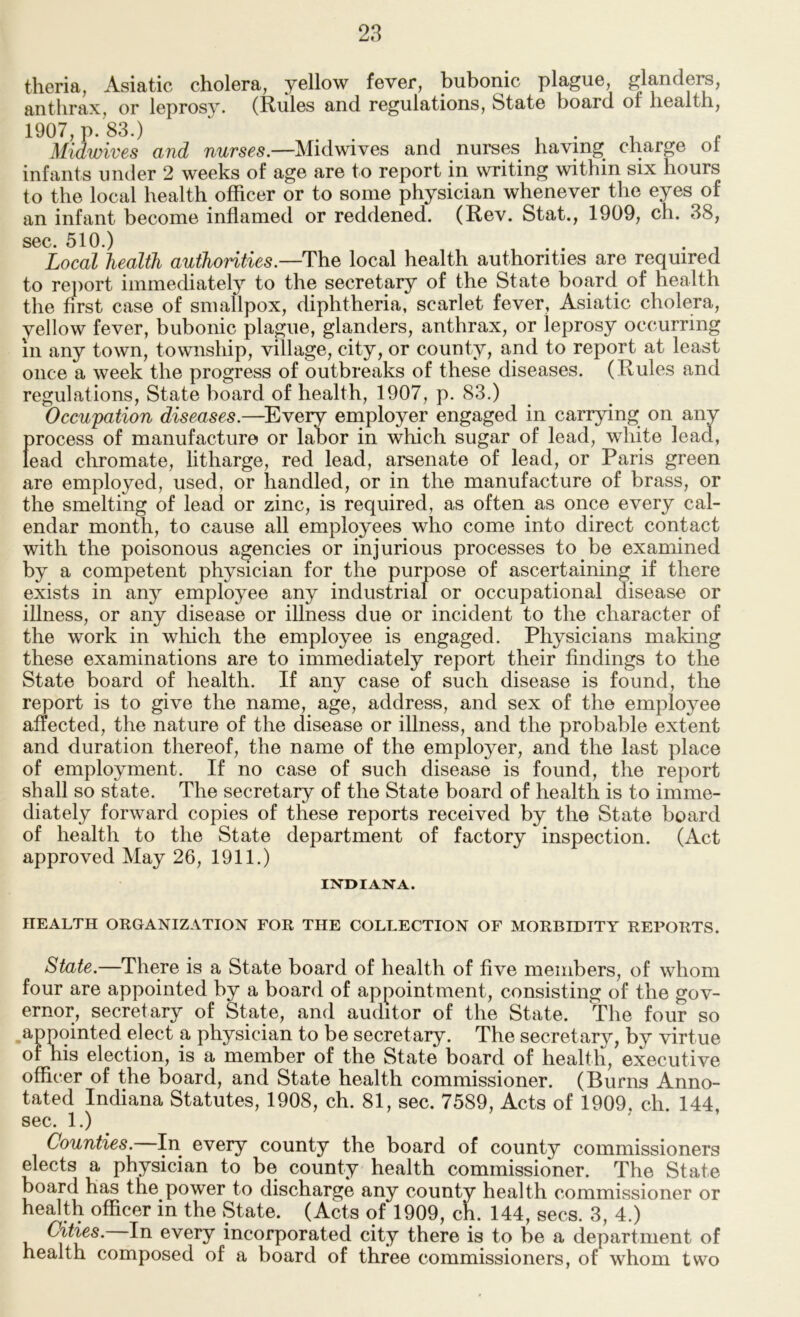 theria, Asiatic cholera, yellow fever, bubonic plague, glandere, anthrax, or lopros}'. (Rules and regulations, State board of health, 1907, p. 83.) . . ^ . Midwives and nurses.—Midwives and nurses having charge or infants under 2 weeks of age are to report in writing within six hours to the local health officer or to some physician whenever the eyes of an infant become inflamed or reddened. (Rev. Stat., 1909, ch. 38, sec. 510.) . . . Local health authorities.—The local health authorities are required to report immediately to the secretary of the State board of health the first case of smallpox, diphtheria, scarlet fever, Asiatic cholera, yellow fever, bubonic plague, glanders, anthrax, or leprosy occurring 111 any town, township, village, city, or county, and to report at least once a week the progress of outbreaks of these diseases. (Rules and regulations. State board of health, 1907, p. 83.) Occupation diseases.—^Every employer engaged in carrying on any process of manufacture or labor in which sugar of lead, white lead, lead chromate, litharge, red lead, arsenate of lead, or Paris green are employed, used, or handled, or in the manufacture of brass, or the smelting of lead or zinc, is required, as often as once every cal- endar month, to cause all employees who come into direct contact with the poisonous agencies or injurious processes to be examined by a competent physician for the purpose of ascertaining if there exists in any employee any industrial or occupational disease or illness, or any disease or illness due or incident to the character of the work in which the employee is engaged. Physicians making these examinations are to immediately report their findings to the State board of health. If any case of such disease is found, the report is to give the name, age, address, and sex of the employee affected, the nature of the disease or illness, and the probable extent and duration thereof, the name of the employer, and the last place of employment. If no case of such disease is found, the report shall so state. The secretary of the State board of health is to imme- diately forward copies of these reports received by the State board of health to the State department of factory inspection. (Act approved May 26, 1911.) nsroiANA. HEALTH ORGANIZATION FOR THE COLLECTION OF MORBIDITY REPORTS. State.—There is a State board of health of five members, of whom four are appointed by a board of appointment, consisting of the gov- ernor, secretary of State, and auditor of the State. The four so .appointed elect a physician to be secretary. The secretary, by virtue of his election, is a member of the State board of health, executive officer of the board, and State health commissioner. (Burns Anno- tated Indiana Statutes, 1908, ch. 81, sec. 7589, Acts of 1909. ch. 144, sec. 1.) Counties. In every county the board of county commissioners elects a physician to be county health commissioner. The State board has the power to discharge any county health commissioner or health officer in the vState. (Acts of 1909, ch. 144, secs. 3, 4.) Cit^s. In every incorporated city there is to be a department of health composed of a board of three commissioners, of whom two