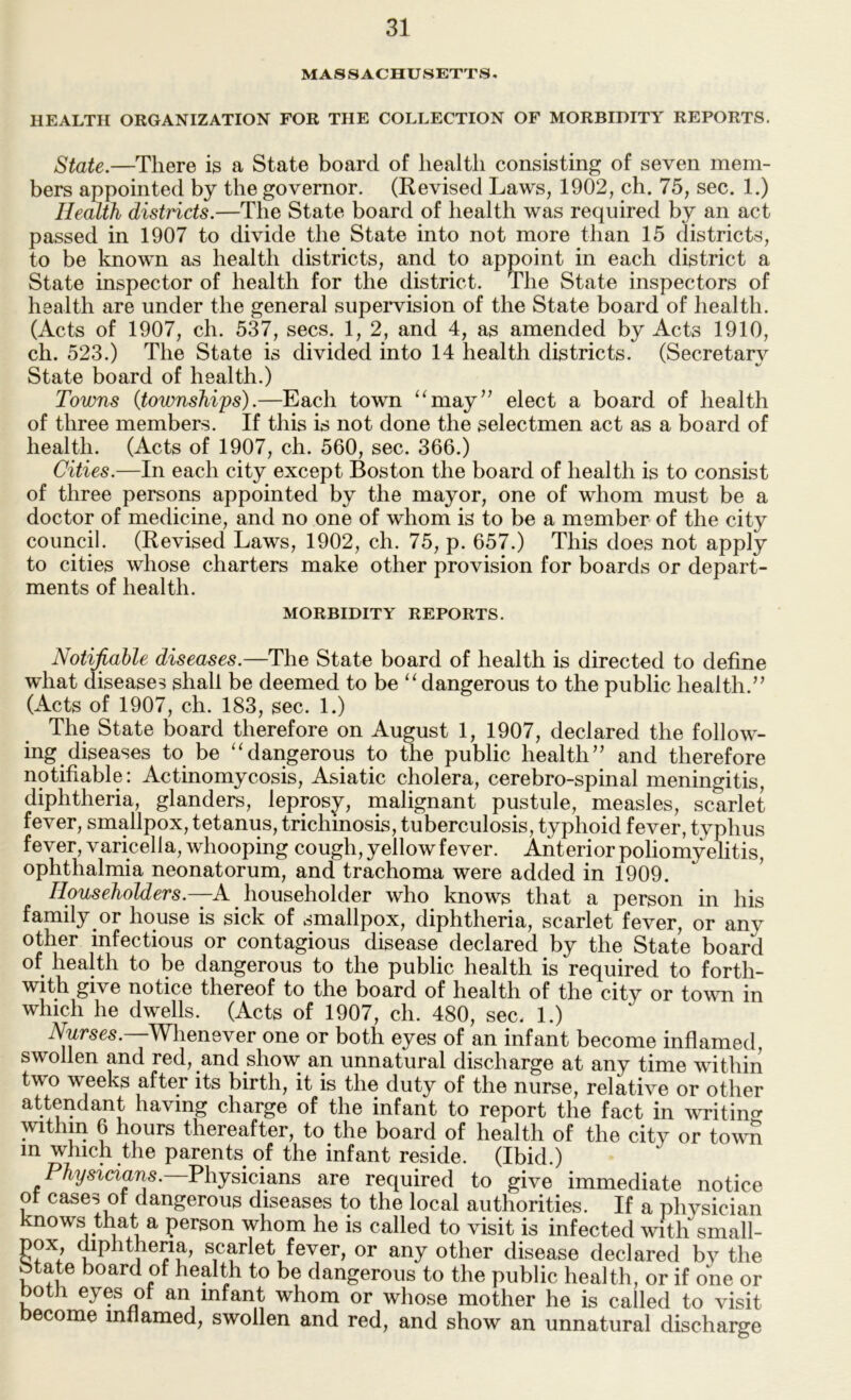 MASSACHUSETTS, HEALTH ORGANIZATION FOR THE COLLECTION OF MORBIDITY REPORTS. State.—There is a State board of health consisting of seven mem- bers appointed by the governor. (Revised Laws, 1902, ch. 75, sec. 1.) Health districts.—The State board of health was required by an act passed in 1907 to divide the State into not more than 15 districts, to be known as health districts, and to appoint in each district a State inspector of health for the district. The State inspectors of health are under the general supervision of the State board of health. (Acts of 1907, ch. 537, secs. 1, 2, and 4, as amended by Acts 1910, ch. 523.) The State is divided into 14 health districts. (Secretary State board of health.) Towns (townships).—Each town “may’' elect a board of health of three members. If this is not done the selectmen act as a board of health. (Acts of 1907, ch. 560, sec. 366.) Cities.—In each city except Boston the board of health is to consist of three persons appointed by the mayor, one of whom must be a doctor of medicine, and no one of whom is to be a member of the city council. (Revised Laws, 1902, ch. 75, p. 657.) This does not apply to cities whose charters make other provision for boards or depart- ments of health. MORBIDITY REPORTS. Notijiahle diseases.—The State board of health is directed to define what diseases shall be deemed to be “dangerous to the public health.” (Acts of 1907, ch. 183, sec. 1.) The State board therefore on August 1, 1907, declared the follow- ing diseases to be “dangerous to the public health” and therefore notifiable: Actinomycosis, Asiatic cholera, cerebro-spinal meningitis, diphtheria, glanders, leprosy, malignant pustule, measles, scarlet fever, smallpox, tetanus, trichinosis, tuberculosis, typhoid fever, typhus fever, varicella, whooping cough, yellow fever. Anterior poliomyelitis, ophthalmia neonatorum, and trachoma were added in 1909. Householders.—A. householder who knows that a person in his family or house is sick of smallpox, diphtheria, scarlet fever, or any other infectious or contagious disease declared by the State board of health to be dangerous to the public health is required to forth- with give notice thereof to the board of health of the city or town in which he dwells. (Acts of 1907, ch. 480, sec. 1.) Whenever one or both eyes of an infant become inflamed, swollen and red, and show; an unnatural discharge at any time wdthin two weeks after its birth, it is the duty of the nurse, relative or other attendant having charge of the infant to report the fact in writino- within 6 hours thereafter, to the board of health of the city or town m which the parents of the infant reside. (Ibid.) Phystaans.—Physicians are required to give immediate notice ot cases ot dangerous diseases to the local authorities. If a physician knows that a person whom he is called to visit is infected with small- pox, mphthena, scarlet fever, or any other disease declared by the btate board of health to be dangerous to the public health, or if one or both eyes of an infant whom or whose mother he is called to visit become inflamed, swollen and red, and show an unnatural discharge