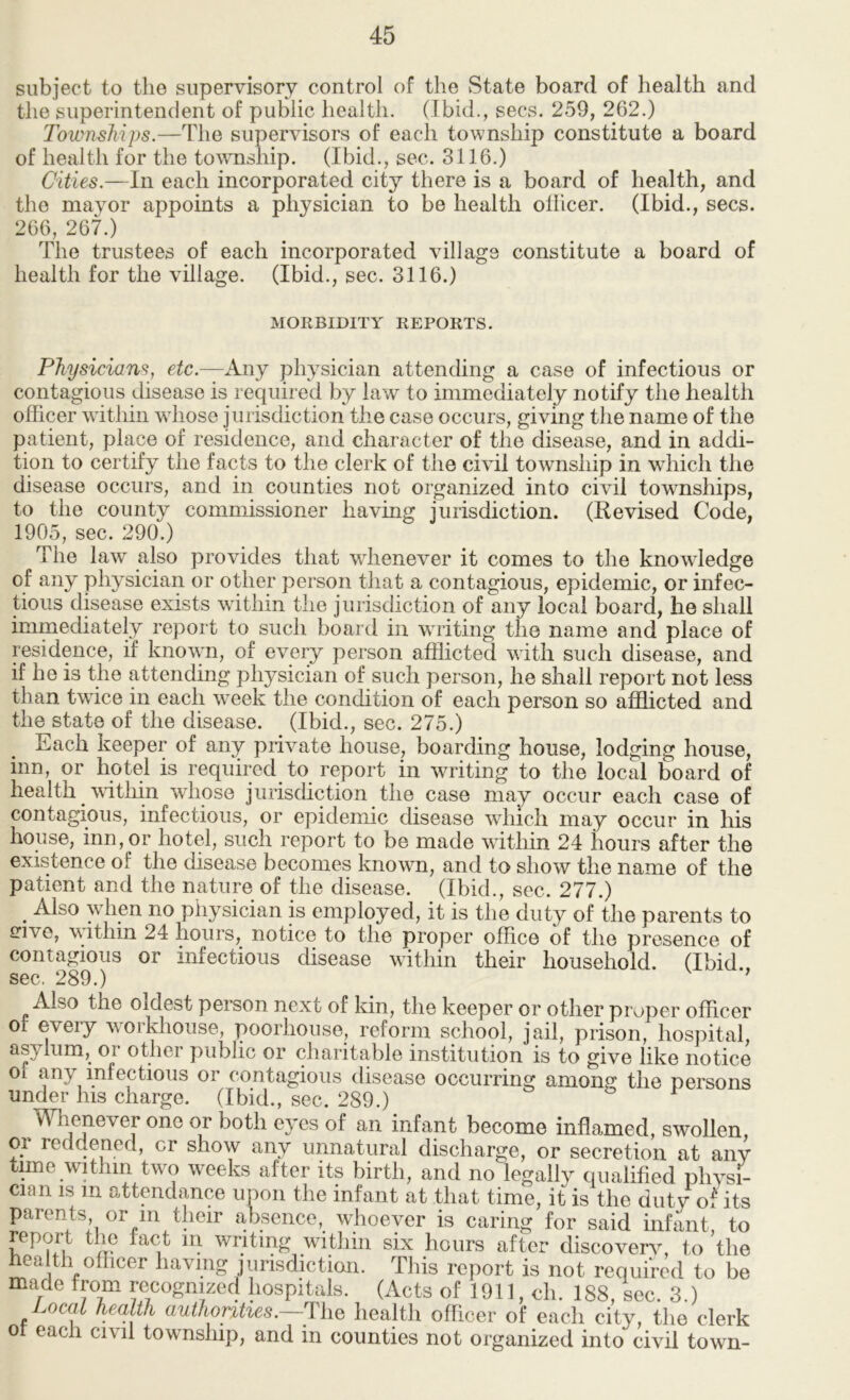 subject to the supervisory control of the State board of health and the superintendent of public health. (Ibid., secs. 259, 262.) Townships.—The supervisors of each township constitute a board of health for the township. (Ibid., sec. 3116.) Cities.—In each incorporated city there is a board of health, and the mayor appoints a physician to be health ollicer. (Ibid., secs. 266, 267.) The trustees of each incorporated village constitute a board of health for the village. (Ibid., sec. 3116.) MORBIDITY REPORTS. Physicians, etc.—Any physician attending a case of infectious or contagious disease is required by law to immediately notify the health officer within whose jurisdiction the case occurs, giving the name of the patient, place of residence, and character of the disease, and in addi- tion to certify the facts to the clerk of the civil township in which the disease occurs, and in counties not organized into civil townships, to the county commissioner having jurisdiction. (Revised Code, 1905, sec. 290.) The law also provides that whenever it comes to the knowledge of any physician or other person that a contagious, epidemic, or infec- tious disease exists within the jurisdiction of any local board, he shall immediately report to such board in writing the name and place of residence, if known, of every person afflicted with such disease, and if he is the attending physician of such person, he shall report not less than twice in each week the condition of each person so afflicted and the state of the disease. (Ibid., sec. 275.) Each keeper of any private house, boarding house, lodging house, inn, or hotel is required to report in writing to the local board of health \\Tthin whose jurisdiction the case may occur each case of contagious, infectious, or epidemic disease which may occur in his house, inn, or hotel, such report to be made within 24 hours after the existence of the disease becomes known, and to show the name of the patient and the nature of the disease. (Ibid., sec. 277.) ^ Also when no physician is employed, it is the duty of the parents to mvG, within 24 hours, notice to the proper office of the presence of contagious or infectious disease within their household. (Ibid sec. 289.) ’ Also the oldest person next of kin, the keeper or other proper officer or every workhouse, poorhouse, reform school, jail, prison, hospital, asylum, or other public or charitable institution is to give like notice ol any infectious or contagious disease occurring among the persons under his charge. (Ibid., sec. 289.) Whenever one or both eyes of an infant become inflamed, swollen, or reddened, cr show any unnatural discharge, or secretion at any tune within two weeks after its birth, and no legally qualified physi- cian IS in attendance upon the infant at that time, it is the duty of its parents or in their absence, whoever is caring for said infant, to report the fact in writing within six hours after discoverv, to the health officer having jurisdiction. This report is not required to be made from recognized hospitals. (Acts of 1911, ch. 188, sec. 3.) Locat heoMh authonhes.~J\iq health officer of each city, the clerk 0 each civil township, and in counties not organized into civil town-