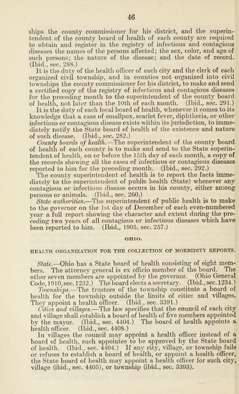 ships the county commissioner for his district, and the superin- tendent of the county board of health of each county are required to obtain and register in the registry of infectious and contagious diseases the names of the persons affected; the sex, color, and age of such persons; the nature of the disease; and the date of record. (Ibid., sec. 288.) It is the duty of the health officer of each city and the clerk of each organized civil township, and in counties not organized into civil townships the county commissioner for his district, to make and send a certified copy of the registry of infectious and contagious diseases for the preceding month to the superintendent of the county board of health, not later than the 10th of each month. (Ibid., sec. 291.) It is the duty of each local board of health, whenever it comes to its knowledge that a case of smallpox, scarlet fever, diphtheria, or other infectious or contagious disease exists within its jurisdiction, to imme- diately notify the State board of health of the existence and nature of such disease. (Ibid., sec. 282.) County hoards of health.—The superintendent of the county board of health of each county is to make and send to the State superin- tendent of health, on or before the 15th day of each month, a copy of the records showing all the cases of infectious or contagious diseases reported to liim for the preceding month. (Ibid., sec. 292.) The county superintendent of health is to report the facts imme- diately to the superintendent of public health (State) whenever any contagious or infectious disease occurs in his county, either among persons or animals. (Ibid., sec. 260.) State authorities.—The superintendent of public health is to make to the governor on the 1 st day of December of each even-numbered year a full report showing the character and extent during the pre- ceding two years of all contagious or infectious diseases which have been reported to liim. (Ibid., 1905, sec. 257.) OHIO. HEALTH ORGANIZATION FOR THE COLLECTION OF MORBIDITY REPORTS. State.—Ohio has a State board of health consisting of eight mem- bers. The attorney general is ex officio member of the board. The other seven members are appointed by the governor. (Ohio General Code, 1910, sec. 1232.) The board elects a secretary. (Ibid., sec. 1234.) Townships.—The trustees of the township constitute a board of health for the township outside the limits of cities and villages. They appoint a health officer. (Ibid., sec. 3391.) Cities and villages.—The law specifies that the council of each city and village shall establish a board of health of five members appointed by the mayor. (Ibid., sec. 4404.) The board of health appoints a health officer. (Ibid., sec. 4408.) In villages the council may appoint a health officer instead of a board of health, such appointee to be approved by the State^ board of health. (Ibid., sec. 4404.) If any city, village, or township fails or refuses to establish a board of health, or appoint a health officer, the State board of health may appoint a health officer for such city, village (ibid., sec. 4405), or township (ibid., sec. 3393).