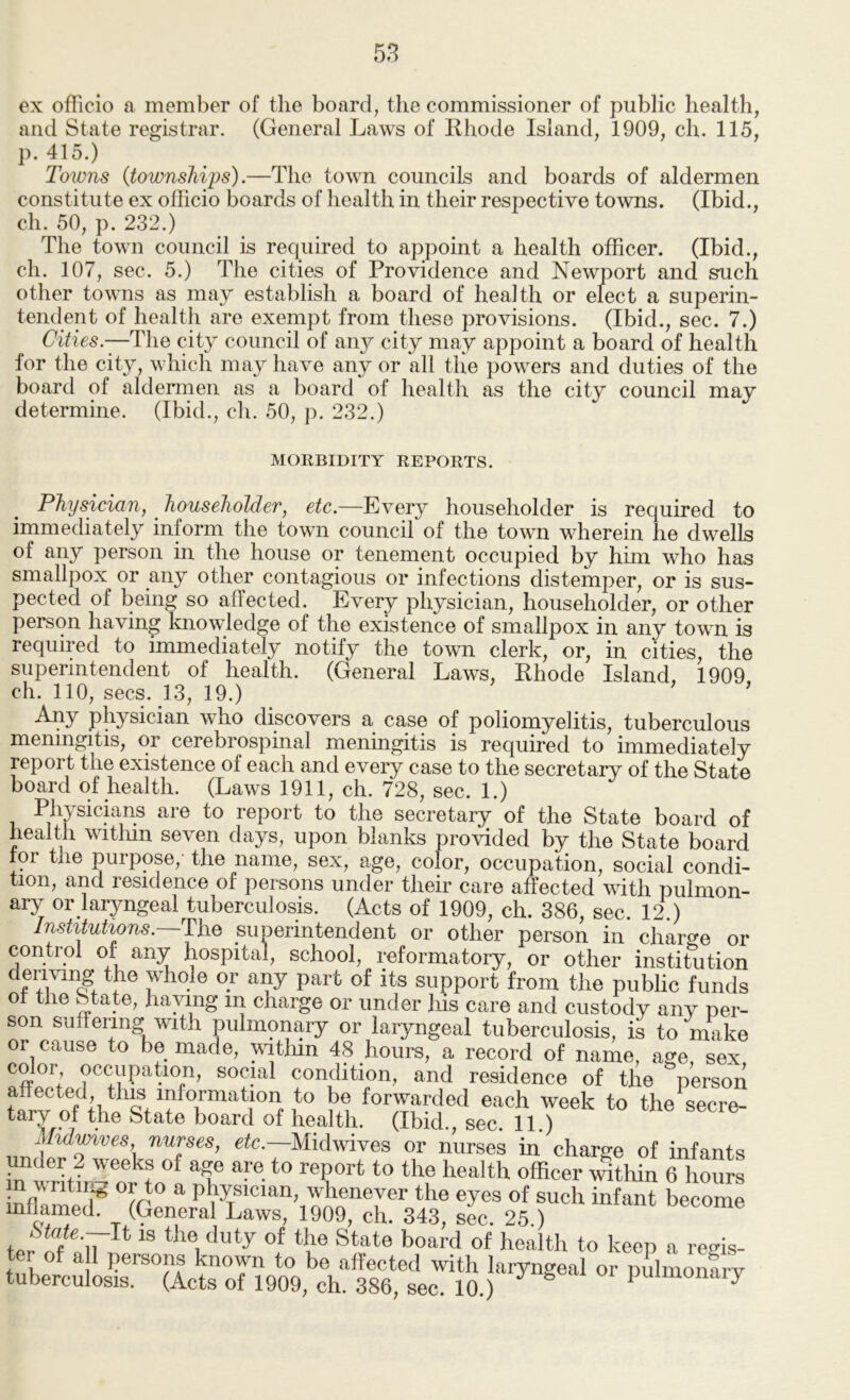 ex officio a member of the board, the commissioner of public health, and State registrar. (General Laws of Rhode Island, 1909, ch. 115, p. 415.) Towns (townships).—The town councils and boards of aldermen constitute ex officio boards of health in their respective towns. (Ibid., ch. 50, p. 232.) The town council is required to appoint a health officer. (Ibid., ch. 107, sec. 5.) The cities of Providence and Newport and such other towns as may establish a board of health or elect a superin- tendent of health are exempt from these provisions. (Ibid., sec. 7.) Cities.—The city council of any city may appoint a board of health for the city, which may have any or all the powers and duties of the board of aldermen as a board of health as the city council may determine. (Ibid., ch. 50, p. 232.) MORBIDITY REPORTS. Physician, ^ householder, etc.—Every householder is required to immediately inform the town council of the town wherein he dwells of any person in the house or tenement occupied by him who has smallpox or any other contagious or infections distemper, or is sus- pected of being so affected. Every physician, householder, or other person having knowledge of the existence of smallpox in any town is required to immediately notify the town clerk, or, in cities, the superintendent of health. (General Laws, Rhode Island, 1909 ch. no, secs. 13, 19.) ' Any physician who discovers a case of poliomyelitis, tuberculous meningitis, or cerebrospinal meningitis is required to immediately report the existence of each and every case to the secretary of the State board of health. (Laws 1911, ch. 728, sec. 1.) Physicians are to report to the secretary of the State board of health within seven days, upon blanks provided by the State board tor the purpose, the name, sex, age, color, occupation, social condi- tion, and residence of persons under their care affected with pulmon- ary or laryngeal tuberculosis. (Acts of 1909, ch. 386, sec. 12.) Institutions. The superintendent or other person in charge or control of any hospital, school, reformatory, or other institution deriving the whole or ay part of its support from the public funds ot the State, haying in charge or under his care and custody any per- son suffering with pulmonary or laryngeal tuberculosis, is to make or cause to be made, witffin 48 hours, a record of name age sex color occupation, social condition, and residence of the person affected, this information be forwarded each week to the secre- tary of the State board of health. (Ibid., sec. 11.) mdwives nurses, Midwives or nurses in charge of infants under 2 weeks of age are to report to the health officer vnthin 6 hours m V riting or to a physician, whenever the eyes of such infant become mflamed. (General Laws, 1909, ch. 343, sec. 25.) tPr nf ^ to keep a regis- ter of a 1 persons known to be affected with laryngeal or pulmonLv tuberculosis. (Acts of 1909, ch. 386, sec. 10 ) ^ pulmonary