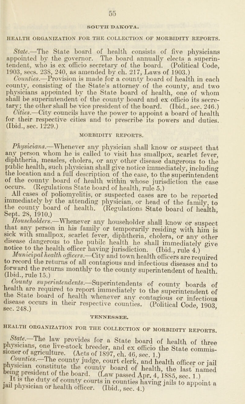 SOUTH DAKOTA. HEALTH ORGANIZATION FOR THE COLLECTION OF MORBIDITY REPORTS. State.—Tlie State board of health consists of five physicians appointed by the governor. The board annually elects a superin- tendent, who is ex officio secretary of the board. (Political Code, 1903, secs. 238, 240, as amended by ch. 217, Laws of 1903.) Counties.—Provision is made for a county board of health in each county, consisting of the State’s attorney of the county, and two physicians appointed by the State board of health, one of whom shall be superintendent of the county board and ex officio its secre- tary; the other shall be vice president of the board. (Ibid., sec. 246.) Cities.—City councils have the power to appoint a board of health for their respective cities and to prescribe its powers and duties. (Ibid., sec. 1229.) MORBIDITY REPORTS. Physieians.—'VMieneyer any physician shall know or suspect that any person whom he is called to visit has smallpox, scarlet fever, diphtheria, measles, cholera, or any other disease dangerous to the public health, such physician shall give notice immediately, including the location and a full description of the case, to the superintendent of the county board of health within whose jurisdiction the case occurs. (Regulations State board of health, rule 5.) All cases of poliomyelitis, or suspected cases are to be reported immediately by the attending physician, or head of the family, to the county board of health. (Regulations State board of health Sept. 28, 1910.) ’ IPuseholders.—Wheneyev Siiiy householder shall loiow or suspect that any person in his family or temporarily residing with him is sick with smallpox, scarlet fever, diphtheria, cholera, or any other disease dangerous to the public health he shall immediately give notice to the health officer haying jurisdiction. (Ibid., rule 4.) Munieipat health oncers. City and town health officers are reouired to record the returns of all contagious and infectious diseases and to lorward the returns monthly to the county superintendent of health (Ibid., rule 15.) County swpennfeWmte.—Superintendents of county boards of health are required to report immediately to the superintendent of the btate ooard of health whenever any contagious or infectious disease occurs in their respective counties. (Political Code 100^ sec. 248.) ^ TENNESSEE. HEALTH ORGANIZATION FOR THE COLLECTION OP MORBIDITY REPORTS. yate.—The law provides for a State board of health of three physicians, one live-stock breeder, and ex ofhcio the State commis- sioner of agncu ture. (Acts of 1897, ch. 46, sec. 1.) Counties. The county judge, court clerk, and health officer or jail pysician constitute the county board of health, the last named Tt^ of the board. (Law passeil Apr. 4, ] 885, sec. 1.) iflil r,L,. county courts in counties having jails to aiiiioint a