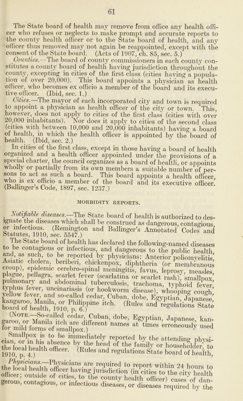 Tile State board of healtli may remove from office any health offi- cer who refuses or neglects to make prompt and accurate reports to the county health officer or to the State board of health, and any oliicer thus removed may not again be reappointed, except with the consent of the State board. (Acts of 1907, ch. 85, sec. 5.) Counties.—The board of county commissioners in each county con- stitutes a county board of health having jurisdiction throughout the county, excepting in cities of the first class (cities having a popula- tion of over 20,000). This board appoints a physician as health officer, who becomes ex officio a member of the board and its execu- tive officer. (Ibid, sec. 1.) Cities.^—The mayor of each incorporated city and town is required to appoint a physician as health officer of the city or town. This, however, does not ajiply to cities of the first class (cities with over 20,000 inhabitants). Nor does it apply to cities of the second class (cities with between 10,000 and 20,000 inhabitants) having a board of health, in which the health officer is appointed by the board of health. (Ibid, sec. 2.) In cities of the first class, except in those having a board of health organized and a health officer appointed under the provisions of a special charter, the council organizes as a board of healtli, or appoints wholly or partially from its own members a suitable number of per- sons to act as such a board. This board appoints a health officer ^10 IS ex officio a member of the board and its executive officer! (Ballinger’s Code, 1897, sec. 1237.) MORBIDITY REPORTS. ^ diseases.—The State board of health is authorized to des- ignate the diseas^ which shall be construed as dangerous, contagious or infectious (Remington and Ballinger’s Annotated Codes and Statutes, 1910, sec. 5547.) The State board of health has declared the following-named diseases to be contagious or infectious, and dangerous to the public health and as such, to be reported by physicians: Anterior poliomyelitis Asiatic cho era, beriberi, chickenpox, diphtheria (or membranous croup), epidemic cerebro-spinal meningitis, favus, leprosy measles p ague, pellagra, scarlet fever (scarlatina or scarlet rLh)^ smallpox’ pulmonary and abdominal tuberculosis, trachoma, typhoid fever b3'o?i,“S “-f'Sfea earoo°Tr IVhnil.fimI “'^''jy^ban, dobe, Egyptian, Japanese, kan- for m’ild W of smallpox^f^ erroneously used immediately reported by the attendino' nhvsi- cwn or m his absence by the head of the family or househSkler^ to 1910° p^/It ^ ' ' regulations State board of health, t^ local health officer having jurisdiction (in cities to the city health fficer, outside of cities, to the county health officer) cases^f dan gerous, contagious, or infectious diseases, or diseases required by^the