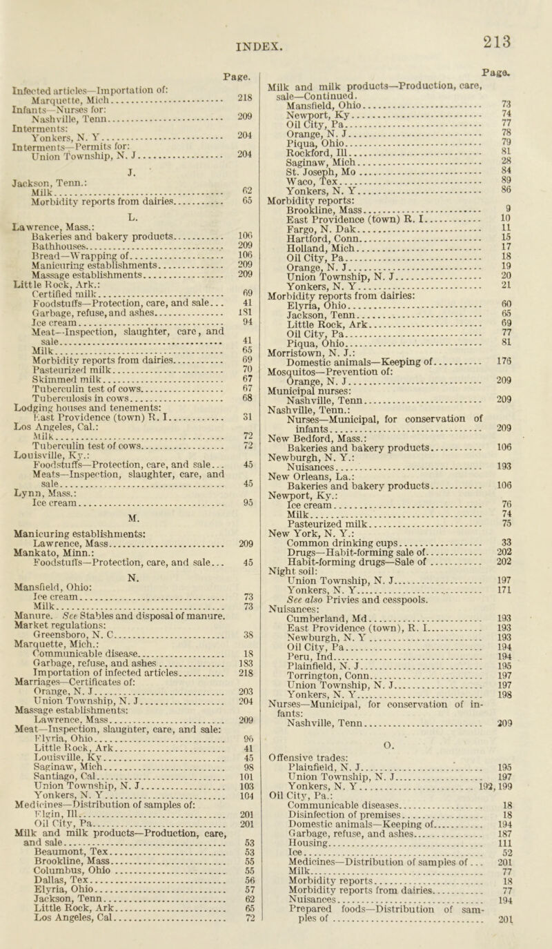Infected articles—Importation of: Marquette, Mich Infants—Nurses for: Nashville, Tenn Interments: Yonkers, N. Y Interments—Permits for: Union Township, N. J Page. 218 209 204 204 J. Jackson, Tenn.: Milk Morbidity reports from dairies L. Lawrence, Mass.: Bakeries and bakery products Bathhouses Bread—Wrapping of Manicuring establishments Massage establishments Little Rock, Ark.: Certified milk Foodstuffs—Protection, care, and sale... Garbage, refuse, and ashes Ice cream Meat—Inspection, slaughter, care, and sale Milk Morbidity reports from dairies Pasteurized milk Skimmed milk Tuberculin test of cows Tuberculosis in cows Lodging houses and tenements: Fast Providence (town) R. I Los Angeles, Cal.: Milk Tuberculin test of cows Louisville, Ky.: Foodstuff's—Protection, care, and sale... Meats—Inspection, slaughter, care, and sale Lynn, Mass.: Ice cream 62 65 106 209 106 209 209 69 41 1S1 94 41 65 69 70 67 67 68 31 72 72 45 45 95 M. Manicuring establishments: Lawrence, Mass 209 Mankato, Minn.: Foodstuffs—Protection, care, and sale... 45 N. Mansfield, Ohio: Icecream 73 Milk 73 Manure. Set Stables and disposal of manure. Market regulations: Greensboro, N. C 38 Marquette, Mich.: Communicable disease 18 Garbage, refuse, and ashes 183 Importation of infected articles 218 Marriages—Certificates of: Orange, N. J 203 Union Township, N. J 204 Massage establishments: Lawrence. Mass 209 Meat—Inspection, slaughter, care, and sale: Flyria, Ohio 96 Little Rock, Ark 41 Louisville, Ky 45 Saginaw, Mich 98 Santiago, Cal 101 Union Township, N. J 103 Yonkers, N. Y 104 Medicines—Distribution of samples of: Flgin,Ul 201 Oil City, Pa 201 Milk and milk products—Production, care, and sale 53 Beaumont, Tex 53 Brookline, Mass 55 Columbus, Ohio 55 Dallas, Tex 56 Elyria, Ohio 57 Jackson, Tenn 62 Little Rock, Ark 65 Los Angeles, Cal 72 Pago. Milk and milk products—Production, care, sale—Continued. Mansfield, Ohio Newport, Ky Oil City, Pa Orange, N. J Piqua, Ohio Rockford, 111 Saginaw, Mich St. Joseph, Mo Waco, Tex Yonkers, N. Y Morbidity reports: Brookline, Mass East Providence (town) R. I Fargo, N. Dak Hartford, Conn Holland, Mich Oil City, Pa Orange, N. J Union Township, N. J Yonkers, N. Y Morbidity reports from dairies: Elyria, Ohio Jackson, Tenn Little Rock, Ark Oil City, Pa Piqua, Ohio Morristown, N. J.: Domestic animals—Keeping of Mosquitos—Prevention of: Orange, N. J Municipal nurses: Nashville, Tenn Nashville, Tenn.: Nurses—Municipal, for conservation of infants New Bedford, Mass.: Bakeries and bakery products Newburgh, N. Y.: Nuisances New Orleans, La.: Bakeries and bakery products Newport, Ky.: Ice cream Milk Pasteurized milk New York, N. Y.: Common drinking cups Drugs—Habit-forming sale of Habit-forming drugs—Sale of Night soil: Union Township, N. J Yonkers, N. Y See also Privies and cesspools. Nuisances: Cumberland, Md East Providence (town), R. I Newburgh, N. Y Oil City, Pa Peru, Ind Plainfield, N. J Torrington, Conn Union Township, N. J Yonkers, N. Y Nurses—Municipal, for conservation of in- fants: Nashville, Tenn 73 74 77 78 79 81 28 84 89 86 9 10 11 15 17 18 19 20 21 60 65 69 77 81 176 209 209 209 106 193 106 76 74 75 33 202 202 197 171 193 193 193 194 194 195 197 197 198 209 O. Offensive trades: Plainfield, N. J 195 Union Township, N. J 197 Yonkers, N. Y 192,199 Oil City, Pa.: Communicable diseases 18 Disinfection of premises 18 Domestic animals—Keeping of 194 Garbage, refuse, and ashes 187 Housing Ill Ice 52 Medicines—Distribution of samples of... 201 Milk 77 Morbidity reports 18 Morbidity reports from dairies 77 Nuisances 194 Prepared foods—Distribution of sam- ples of 201