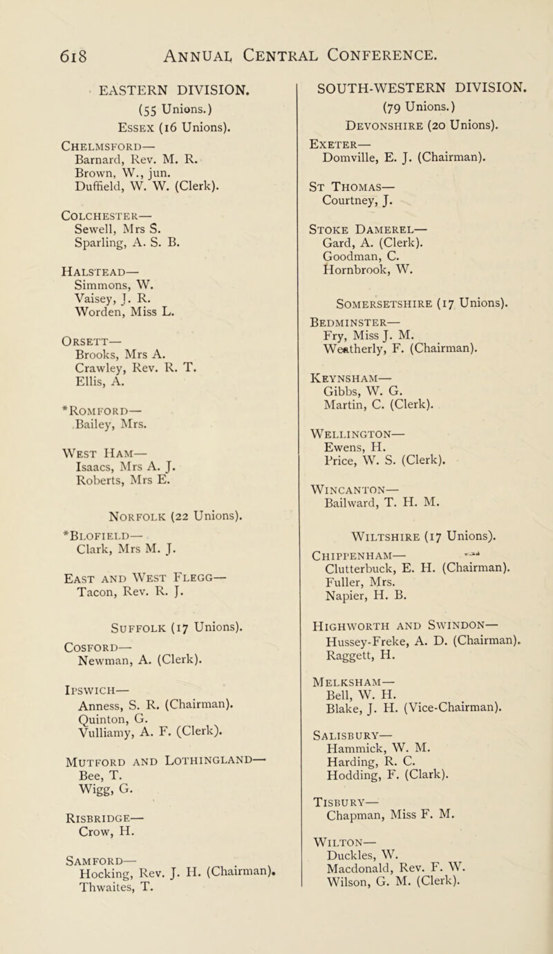 EASTERN DIVISION. (55 Unions.) Essex (16 Unions). Chelmsford— Barnard, Rev. M. R. Brown, W., jun. Duffield, W. W. (Clerk). Colchester— Sewell, Mrs S. Sparling, A. S. B. Halstead— Simmons, W. Vaisey, J. R. Worden, Miss L. Orsett— Brooks, Mrs A. Crawley, Rev. R. T. Ellis, A. * Rom ford— Bailey, Mrs. West Ham— Isaacs, Mrs A. J. Roberts, Mrs E. Norfolk (22 Unions). *Bi,ofield— Clark, Mrs M. J. East and West Flegg— Tacon, Rev. R. J. Suffolk (17 Unions). COSFORD— Newman, A. (Clerk). Ipswich— Anness, S. R. (Chairman). Quinton, G. Vulliamy, A. F. (Clerk). Mutford and Lothingland— Bee, T. Wigg, G. Risbridge— Crow, H. Samford— Hocking, Rev. J. H. (Chairman), Thwaites, T. SOUTH-WESTERN DIVISION. (79 Unions.) Devonshire (20 Unions). Exeter— Domville, E. J. (Chairman). St Thomas— Courtney, J. Stoke Damerel— Gard, A. (Clerk). Goodman, C. Hornbrook, W. Somersetshire (17 Unions). Bedminster— Fry, Miss J. M. Weatherly, F. (Chairman). Keynsham— Gibbs, W. G. Martin, C. (Clerk). Wellington— Ewens, H. Price, W. S. (Clerk). WlNCANTON— Bailward, T. H. M. Wiltshire (17 Unions). Chippenham— *** Clutterbuck, E. H. (Chairman). Fuller, Mrs. Napier, H. B. Highworth and Swindon— Hussey-Freke, A. D. (Chairman). Raggett, H. Melksham— Bell, W. H. Blake, J. H. (Vice-Chairman). Salisbury— Hammick, W. M. Harding, R. C. Hodding, F. (Clark). Tisbury— Chapman, Miss F. M. Wilton— Duckies, W. Macdonald, Rev. F. W. Wilson, G. M. (Clerk).