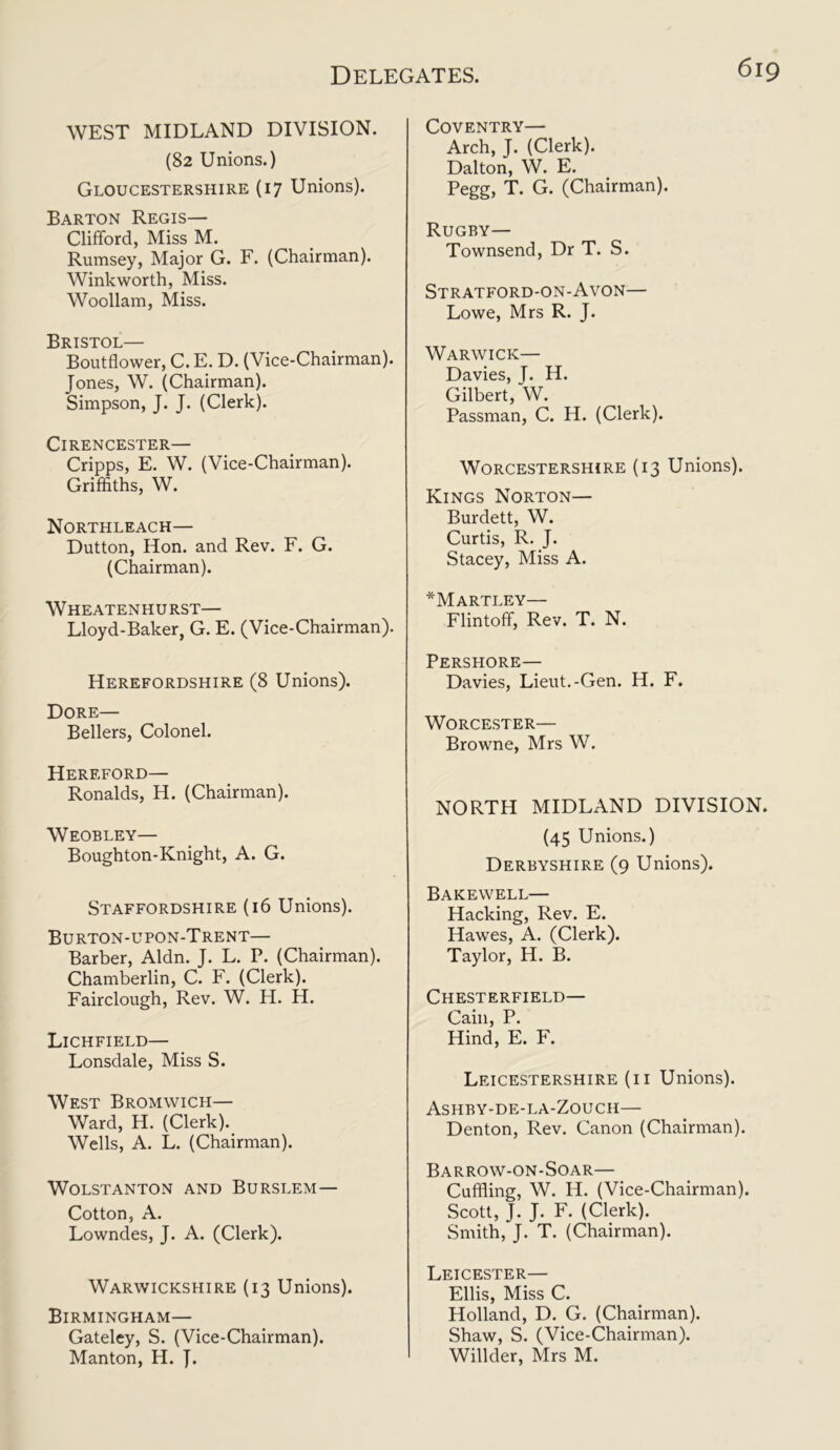 WEST MIDLAND DIVISION. (82 Unions.) Gloucestershire (17 Unions). Barton Regis— Clifford, Miss M. Rumsey, Major G. F. (Chairman). Winkworth, Miss. Woollam, Miss. Bristol— Boutflower, C. E. D. (Vice-Chairman). Jones, W. (Chairman). Simpson, J. J. (Clerk). Cirencester— Cripps, E. W. (Vice-Chairman). Griffiths, W. Northleach— Dutton, Hon. and Rev. F. G. (Chairman). Wheatenhurst— Lloyd-Baker, G. E. (Vice-Chairman). Herefordshire (8 Unions). Dore— Bellers, Colonel. Hereford— Ronalds, H. (Chairman). Weobley— Boughton-Knight, A. G. Staffordshire (16 Unions). Burton-upon-Trent— Barber, Aldn. J. L. P. (Chairman). Chamberlin, C. F. (Clerk). Fairclough, Rev. W. H. H. Lichfield— Lonsdale, Miss S. West Bromwich— Ward, H. (Clerk). Wells, A. L. (Chairman). WOLSTANTON AND BURSLEM — Cotton, A. Lowndes, J. A. (Clerk). Warwickshire (13 Unions). Birmingham— Gateley, S. (Vice-Chairman). Manton, H. J. Coventry— Arch, J. (Clerk). Dalton, W. E. Pegg, T. G. (Chairman). Rugby— Townsend, Dr T. S. Stratford-on-Avon— Lowe, Mrs R. J. Warwick— Davies, T. H. Gilbert, W. Passman, C. H. (Clerk). Worcestershire (13 Unions). Kings Norton— Burdett, W. Curtis, R. J. Stacey, Miss A. *Martley— Flintoff, Rev. T. N. Pershore— Davies, Lieut.-Gen. H. F. Worcester— Browne, Mrs W. NORTH MIDLAND DIVISION. (45 Unions.) Derbyshire (9 Unions). Bakewell— Hacking, Rev. E. Hawes, A. (Clerk). Taylor, H. B. Chesterfield— Cain, P. Hind, E. F. Leicestershire (11 Unions). Ashby-de-la-Zouch— Denton, Rev. Canon (Chairman). Barrow-on-Soar— Cuffling, W. H. (Vice-Chairman). Scott, J. J. F. (Clerk). Smith, J. T. (Chairman). Leicester— Ellis, Miss C. Holland, D. G. (Chairman). Shaw, S. (Vice-Chairman). Willder, Mrs M.