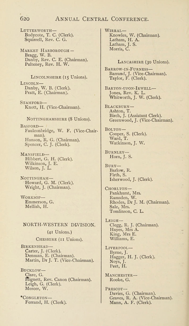 Lutterworth— Bodycote, T. C. (Clerk). Squirrell, Rev. C. G. Market Harborough — Bragg, W. B. Danby, Rev. C. E. (Chairman). Pulteney, Rev. H. W. Lincolnshire (15 Unions). Lincoln— Danby, W. B. (Clerk). Pratt, E. (Chairman). Stamford— Knott, IL (Vice-Chairman). Nottinghamshire (8 Unions). Basford— Faulconbridge, W. F. (Vice-Chair- man). Hanson, R. G. (Chairman). Spencer, C. J. (Clerk). Mansfield— Hibbert, G. H. (Clerk). Wilkinson, J. E. Wilson, J. L. Nottingham— Howard, G. M. (Clerk). Wright, J. (Chairman). Worksop— Emmerson, G. Mellish, H. NORTH-WESTERN DIVISION. (41 Unions.) Cheshire (ii Unions). Birkenhead— Carter, J. (Clerk). Denman, E. (Chairman). Martin, Dr J. T. (Vice-Chairman). Bucklow— Clare, G. flignett, Rev. Canon (Chairman). Leigh, G. (Clerk). Mercer, W. *Congleton— Ferrand, H. (Clerk). WlRRAL— Knowles, W. (Chairman). Latham, H. A. Latham, J. S. Morris, C. Lancashire (30 Unions). Barrow-in-Furness— Barrand, J. (Vice-Chairman). Taylor, F. (Clerk). Barton-upon-Irwell— Jones, Rev. K. L. Whitworth, J. W. (Clerk). Blackburn— Ashton, T. Birch, J. (Assistant Clerk). Greenwood, J. (Vice-Chairman). Bolton— Cooper, S. (Clerk). Ward, T. Watkinson, J. W. Burnley— Horn, J. S. Bury— Barlow, R. Firth, S. Isherwood, J. (Clerk). Chorlton— Pankhurst, Mrs. Ramsden, W. Rhodes, Dr J. M. (Chairman). Sale, Mrs. Tomlinson, C. L. Leigh— Clegg, R. J. (Chairman). Hayes, Mrs A. King, Mrs E. Williams, E. Liverpool— Byrne, J. Hagger, H. J. (Clerk). Noys, T. Peet, H. Manchester— Rooke, G. Prescot— Davies, G. (Chairman). Graves, R. A. (Vice-Chairman). Mann, A. F. (Clerk).