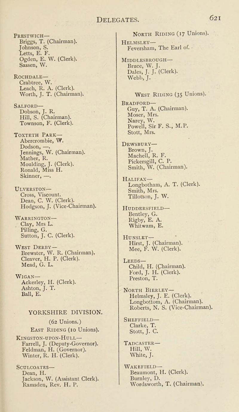 Prestwich— Briggs, T. (Chairman). Johnson, S. Letts, E. F. Ogden, E. W. (Clerk). Sassen, W. Rochdale— Crabtree, W. Leach, R. A. (Clerk). Worth, J. T. (Chairman). Salford— Dobson, J. R. Hill, S. (Chairman). Townson, F. (Clerk). Toxteth Park— Abercrombie, W. Dodson, —. Jennings, W. (Chairman). Mather, R. Moulding, J. (Clerk). Ronald, Miss H. Skinner, —. Ulverston— Cross, Viscount. Dean, C. W. (Clerk). Hodgson, J. (Vice-Chairman). Warrington— Clay, Mrs L. Pilling, G. Sutton, J. C. (Clerk). West Derby — Brewster, W. R. (Chairman). Cleaver, H. P. (Clerk). Mead, G. L. Wigan— Ackerley, H. (Clerk). Ashton, J. T. Ball, E. YORKSHIRE DIVISION. (62 Unions.) East Riding (10 Unions). Kingston-upon-Hull— Farrell, J. (Deputy-Governor). Feldman, H. (Governor). Winter, R. H. (Clerk). Sculcoates— Dean, H. Jackson, W. (Assistant Clerk). Ramsden, Rev. H. P. North Riding (17 Unions). Helmsley— Feversham, The Earl of. • Middlesbrough— Bruce, W. J. Dales, J. J. (Clerk). Webb, J. West Riding (35 Unions). Bradford— Guy, T. A. (Chairman). Moser, Mrs. Narey, W. Powell, Sir F. S., M.P. Stott, Mrs. Dewsbury— Brown, J. Machell, R. F. Pickersgill, C. P. Smith, W. (Chairman). Halifax— Longbotham, A. T. (Clerk). Smith, Mrs. TillotSon, J. W. Huddersfield— Bentley, G. Rigby, E. A. Whitwam, E. Hunslet— Hirst, J. (Chairman). Mee, F. W. (Clerk). Leeds— Child, H. (Chairman). Ford, J. H. (Clerk). Preston, T. North Bierley— Helmsley, J. E. (Clerk). Longbottom, A. (Chairman). Roberts, N. S. (Vice-Chairman). Sheffield— Clarke, T. Stott, J. C. Tadcaster— Hill, W. White, J. Wakefield— Beaumont, H. (Clerk). Burnley, D. Wordsworth, T. (Chairman).