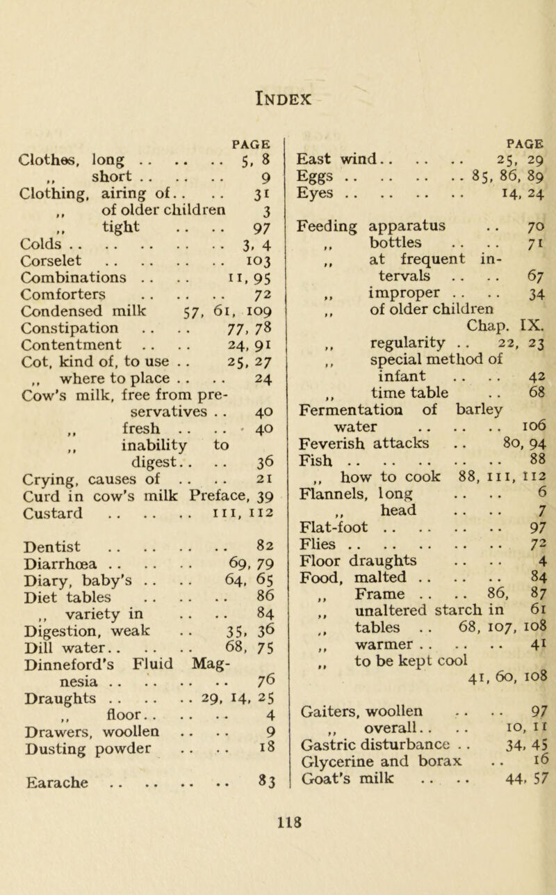 PAGE Clothes, long .. . ..5.8 ,, short .. . .. 9 Clothing, airing of. . .. 31 ,, of older children 3 tight . .. 97 Colds • .. 3.4 Corselet . .. 103 Combinations .. 11.95 Comforters . .. 72 Condensed milk 57. 61, 109 Constipation 77. 78 Contentment 24, 91 Cot, kind of, to use . 25.27 ,, where to place . . . . 24 Cow’s milk, free from pre- servatives .. 40 ,, fresh ... 40 ,, inability to digest .. -. 36 Crying, causes of 21 Curd in cow’s milk Preface, 39 Custard 111,112 Dentist .. .. 82 Diarrhoea .. 69, 79 Diary, baby’s .. 64. 65 Diet tables 86 ,, variety in 84 Digestion, weak 35. 36 Dill water.. 68, 75 Dinneford’s Fluid Mag- nesia .. 76 Draughts .. .. 29, 14, 25 ,, floor.. .. .. 4 Drawers, woollen .. .. 9 Dusting powder 18 Earache 83 PAGE East wind 25, 29 Eggs 85, 86. 89 Eyes 14, 24 Feeding apparatus .. 70 ,, bottles .. .. 71 ,, at frequent in- tervals .. .. 67 „ improper .. .. 34 ,, of older children Chap. IX. regularity .. 22, 23 special method of infant 42 ,, time table 68 Fermentation of barley water 106 Feverish attacks 80, 94 Fish 88 ,, how to cook 88, III, 112 Flannels, long 6 ,, head 7 Flat-foot 97 Flies 72 Floor draughts 4 Food, malted .. .. 84 Frame . . 86. 87 .. unaltered starch in 61 ,, tables . . 68, 107, 108 ,, warmer .. .. 41 ,, to be kept cool 41, 60, 108 Gaiters, woollen .. 97 ,, overall.. 10, II Gastric disturbance .. Glycerine and borax Goat’s milk 34. 45 16 44. 57