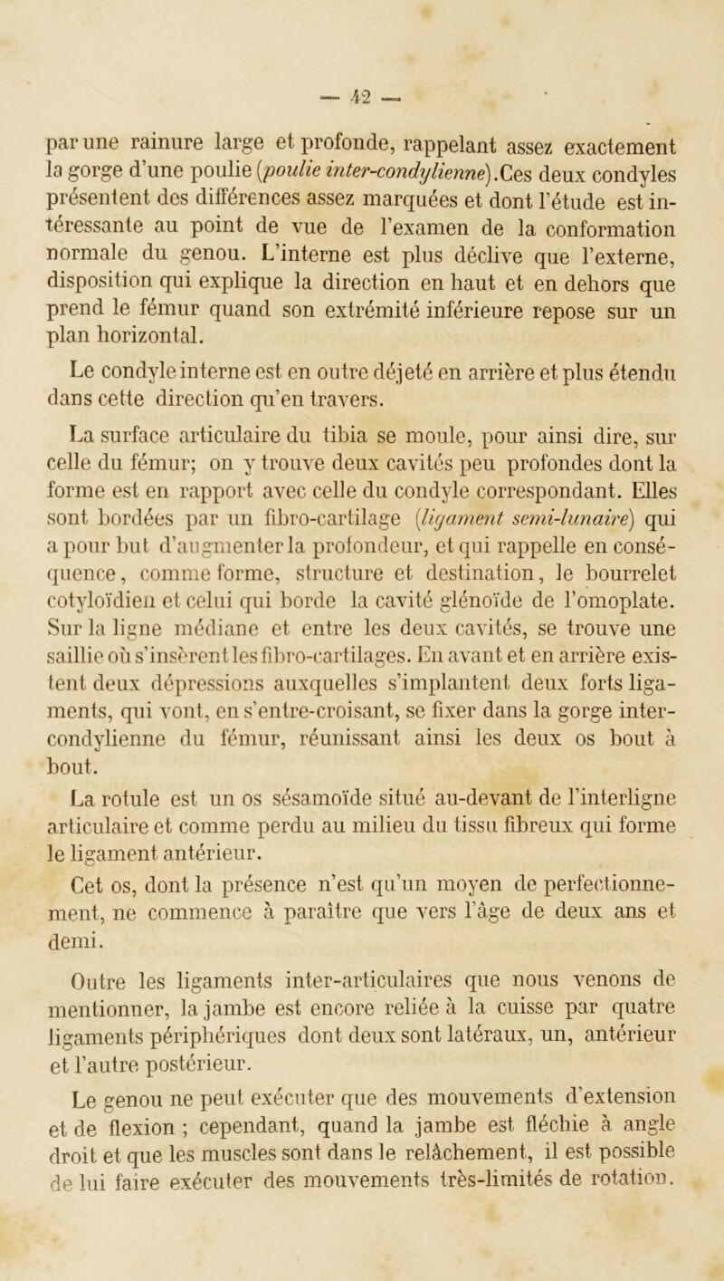 par une rainure large et profonde, rappelant assez exactement la gorge d’une poulie ['poulie inter-condylienne) deux condyles présentent des différences assez marquées et dont l’étude est in- téressante au point de vue de l’examen de la conformation normale du genou. L’interne est plus déclive que l’externe, disposition qui explique la direction en haut et en dehors que prend le fémur quand son extrémité inférieure repose sur un plan horizontal. Le condyleinterne est en outre déjeté en arrière et plus étendu dans cette direction qu’en travers. La surface articulaire du tibia se moule, pour ainsi dire, sur celle du fémur; on y trouve deux cavités peu profondes dont la forme est en rapport avec celle du condyle correspondant. Elles sont bordées par un fibro-cartilage [ligament semi-lunaire) qui a pour but d’augmenter la profondeur, et qui rappelle en consé- quence, comme forme, structure et destination, le bourrelet cotyloïdien et celui qui borde la cavité glénoïde de l’omoplate. Sur la ligne médiane et entre les deux cavités, se trouve une saillie oîi s’insèrent les fil)ro-cartilages. En avant et en arrière exis- tent deux dépressions auxquelles s’implantent deux forts liga- ments, qui vont, en s’entre-croisant, se fixer dans la gorge inter- condylienne du fémur, réunissant ainsi les deux os bout à bout. La rotule est un os sésamoïde situé au-devant de l’interligne articulaire et comme perdu au milieu du tissu fibreux qui forme le ligament antérieur. Cet os, dont la présence n’est qu’un moyen de perfectionne- ment, ne commence à paraître que vers l’âge de deux ans et demi. Outre les ligaments inter-articulaires que nous venons de mentionner, la jambe est encore reliée à la cuisse par quatre ligaments périphériques dont deux sont latéraux, un, antérieur et fautre postérieur. Le genou ne peut exécuter que des mouvements d’extension et de flexion ; cependant, quand la jambe est fléchie à angle droit et que les muscles sont dans le relâchement, il est possible de lui faire exécuter des mouvements très-limités de rotation.