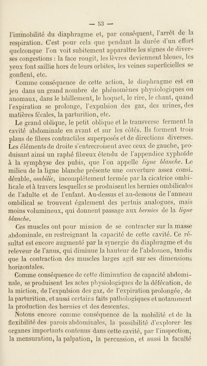 l’immobilité du diaphragme et, par conséquent, l’arrêt de la respiration. C’est pour cela que pendant la durée d’un effort quelconque l’on voit subitement apparaitre les signes de diver- ses congestions : la face rougit, les lèvres deviennent bleues, les yeux font saillie hors de leurs orbites, les veines superficielles se gonflent, etc. Comme conséquence de cette action, le diaphragme est en jeu dans un grand nombre de pliénoniènes physiologiques ou anomaux, dans le bâillement lo hoquet, le rire, le chant, quand l’expiration se prolonge, l’expulsion des gaz, des urines, des matières fécales, la parturition, etc. Le grand oblique, le petit oblique et le transverse ferment la cavité abdominale en avant et sur les côtés. Ils forment trois plans de fibres contractiles superposés et de directions diverses. Les éléments de droite s’entrecroisent avec ceux de gauche, pro- duisant ainsi un raplié fibreux étendu de l’appendice xyphoïde à la symphyse des pubis, que l’on appelle ligne blanche. Le milieu de la ligne blanche présente une ouverture assez consi. dérable, ombilic., incomplètement fermée par la cicatrice ombi-^ licale et à travers lesquelles se produisent les hernies ombilicales de Fadulte et de l’enfant. Au-dessus et au-dessous de l’anneau ombilical se trouvent également des pertuis analogues, mais moins volumineux, qui donnent passage aux hernies de la ligne blanche. Ces muscles ont pour mi ssion de se contracter sur la masse abdominale, en restreignant la capacité de cette cavité. Ce ré- sultat est encore augmenté par la synergie du diaphragme et du releveur de l’anus, qui diminue la hauteur de l’abdomen, tandis que la contraction des muscles larges agit sur ses dimensions horizontales. Comme conséquence de cette diminution de capacité abdomi- nale, se produisent les actes physiologiques de la défécation, de la miction, de l’expulsion des gaz^ de l’expiration prolongée, de la parturition, et aussi certains faits pathologiques et notamment la production des hernies et des descentes. Notons encore comme conséquence de la mobilité et de la flexibilité des parois abdominales, la possibilité d’explorer les organes importants contenus dans cette cavité, par l’inspection, la mensuration, la palpation, la percussion, et aussi la faculté