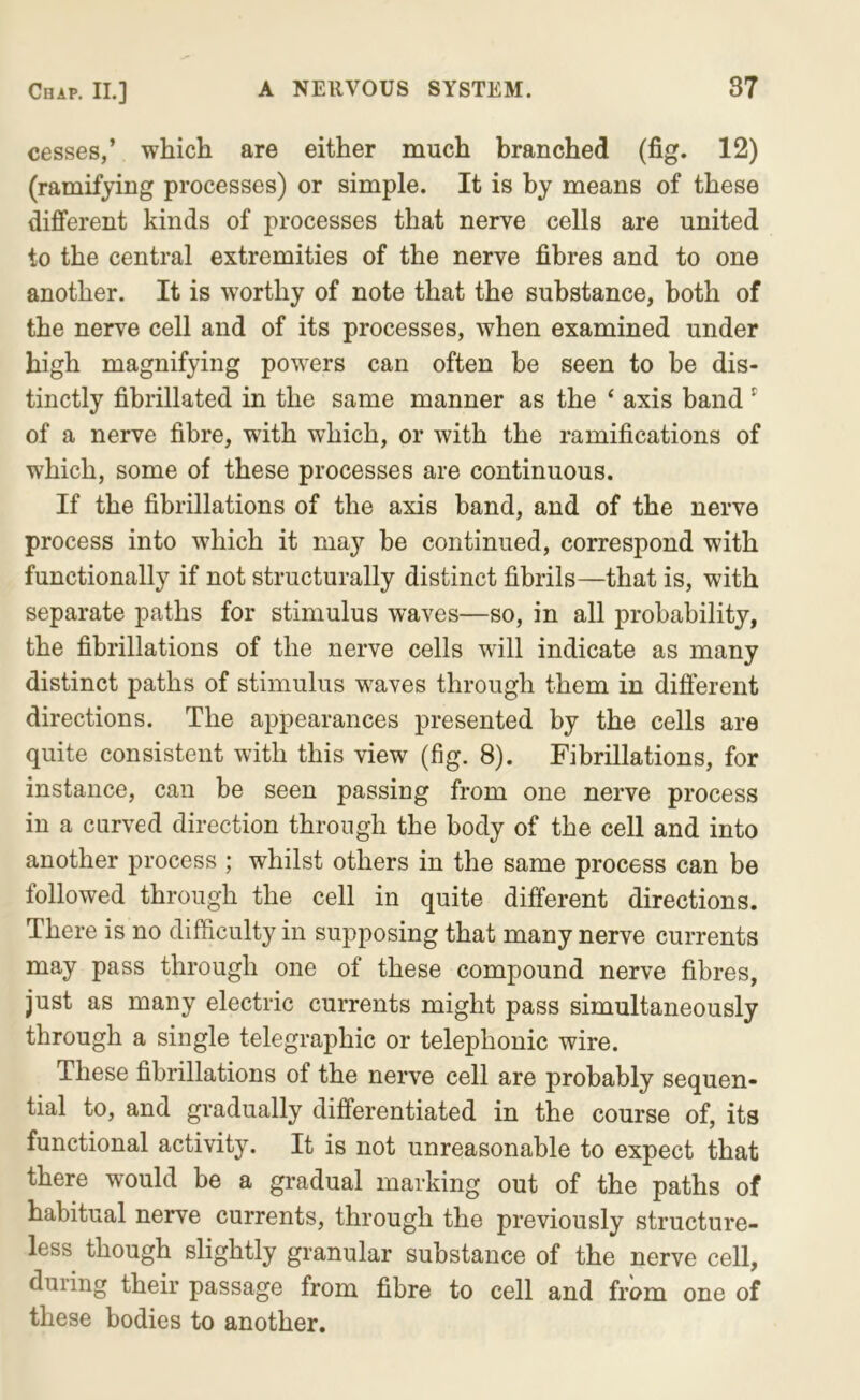 cesses,’ which are either much branched (fig. 12) (ramifying processes) or simple. It is by means of these different kinds of processes that nerve cells are united to the central extremities of the nerve fibres and to one another. It is worthy of note that the substance, both of the nerve cell and of its processes, when examined under high magnifying powers can often be seen to be dis- tinctly fibrillated in the same manner as the ‘ axis band ' of a nerve fibre, with which, or with the ramifications of which, some of these processes are continuous. If the fibrillations of the axis band, and of the nerve process into which it may be continued, correspond with functionally if not structurally distinct fibrils—that is, with separate paths for stimulus waves—so, in all probability, the fibrillations of the nerve cells will indicate as many distinct paths of stimulus weaves through them in diflerent directions. The appearances presented by the cells are quite consistent with this view (fig. 8). Fibrillations, for instance, can be seen passing from one nerve process in a curved direction through the body of the cell and into another process ; whilst others in the same process can be followed through the cell in quite different directions. There is no difficulty in supposing that many nerve currents may pass through one of these compound nerve fibres, just as many electric currents might pass simultaneously through a single telegraphic or telephonic wire. These fibrillations of the nerve cell are probably sequen- tial to, and gradually differentiated in the course of, its functional activity. It is not unreasonable to expect that there would be a gradual marking out of the paths of habitual nerve currents, through the previously structure- less though slightly granular substance of the nerve cell, duiing their passage from fibre to cell and from one of these bodies to another.