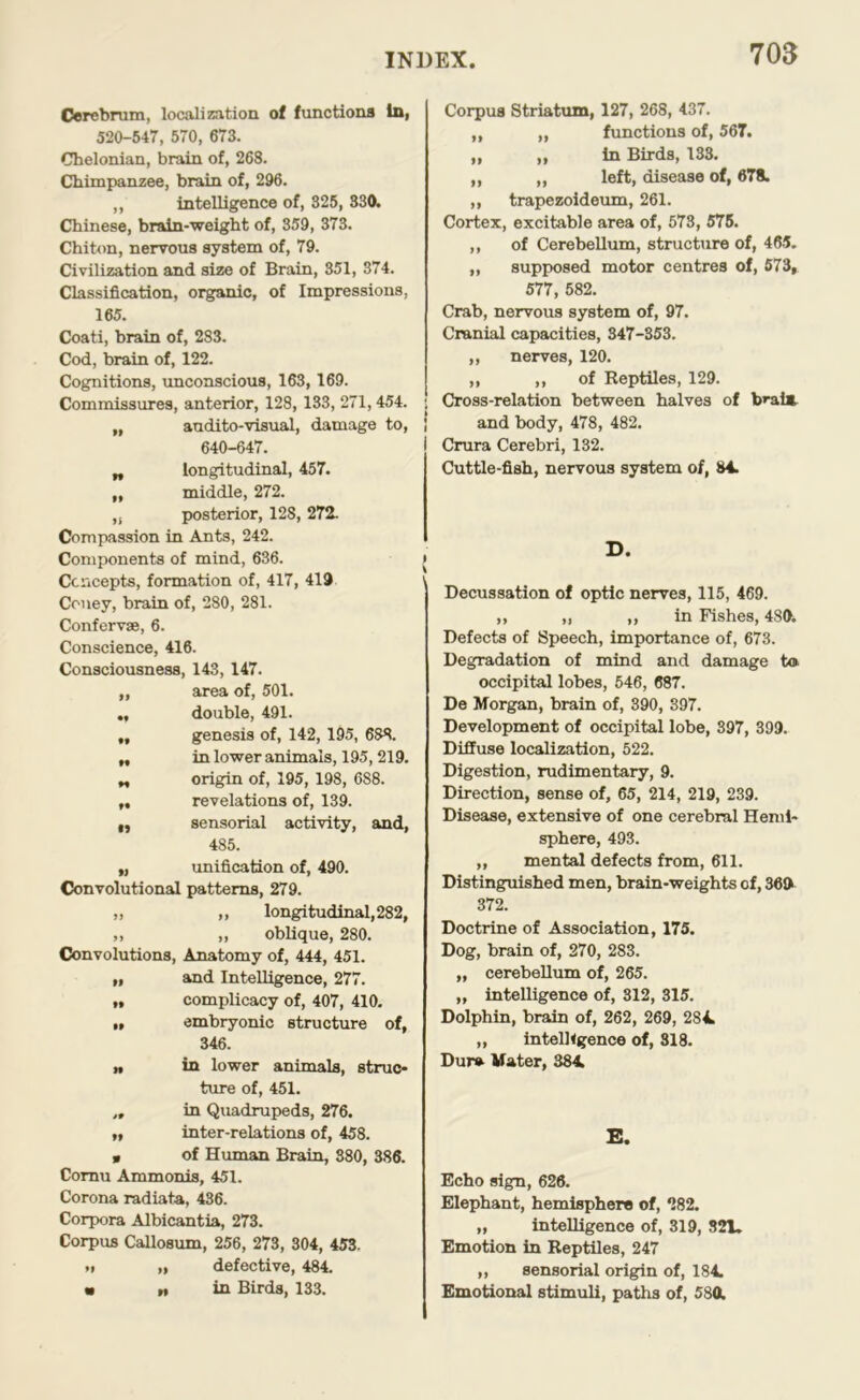 Cerebrum, localization of functions 1D| 520-547, 570, 673. Chelonian, brain of, 268. Chimpanzee, brain of, 296. „ intelligence of, 325, 330. Chinese, brain-weight of, 359, 373. Chiton, nervous system of, 79. Civilization and size of Brain, 351, 374. Classification, organic, of Impressions, 165. Coati, brain of, 283. Cod, brain of, 122. Cognitions, unconscious, 163, 169. Commissures, anterior, 128, 133, 271,454. „ audito-visual, damage to, 640-647. „ longitudinal, 457. „ middle, 272. „ iwsterior, 128, 272. Compassion in Ants, 242. Components of mind, 636. Concepts, formation of, 417, 419 Coney, brain of, 280, 281. Confervse, 6. Conscience, 416. Consciousness, 143, 147. „ area of, 501. double, 491. ,, genesis of, 142, 195, 688. „ in lower animals, 195,219. „ origin of, 195, 198, 688. ,, revelations of, 139. ,, sensorial activity, and, 485. „ unification of, 490. Convolutional patterns, 279. „ „ longitudinal,282, ,, „ oblique, 280. Convolutions, Anatomy of, 444, 451. „ and Intelligence, 277. „ complicacy of, 407, 410, „ embryonic structure of, 346. n in lower animals, struc- ture of, 451. „ in Quadrupeds, 276. „ inter-relations of, 458. • of Human Brain, 380, 386. Cornu Ammonis, 451. Corona radiata, 436. Corpora Albicantia, 273. Corpus Callosum, 256, 273, 304, 453. „ „ defective, 484. ■ n in Birds, 133. Corpus Striatum, 127, 268, 437. ,, „ functions of, 56T. „ „ in Birds, 133. ,, „ left, disease of, 678. ,, trapezoldeum, 261. Cortex, excitable area of, 573, 575. ,, of Cerebellum, structure of, 465. ,, supposed motor centres of, 573, 577, 582. Crab, nervous system of, 97. Cranial capacities, 347-353. „ nerves, 120. ,, ,, of Reptiles, 129. ■ Cross-relation between halves of brain and body, 478, 482. Crura Cerebri, 132. Cuttle-fish, nervous system of, 84. Decussation of optic nerves, 115, 469. ,, ,, ,, in Fishes, 489. Defects of Speech, importance of, 673. Degradation of mind and damage to occipital lobes, 546, 687. De Morgan, brain of, 390, 397. Development of occipital lobe, 397, 399. Diffuse localization, 522. Digestion, rudimentary, 9. Direction, sense of, 65, 214, 219, 239. Disease, extensive of one cerebral Hemi- sphere, 493. „ mental defects from, 611. Distinguished men, brain-weights of, 369 372. Doctrine of Association, 175. Dog, brain of, 270, 283. „ cerebellum of, 265. ,, intelligence of, 312, 315. Dolphin, brain of, 262, 269, 28^ ,, intelbgenco of, 318. Dur» Mater, 38A E. Echo sign, 626. Elephant, hemisphere of, 282. „ intelligence of, 319, 321. Emotion in Reptiles, 247 ,, sensorial origin of, 184. Emotional stimuli, paths of, 580.