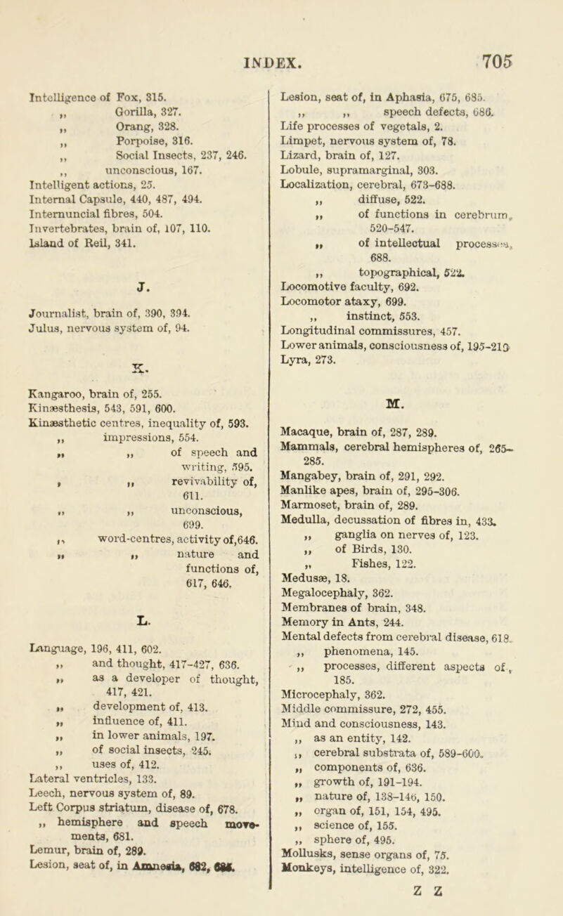 Intelligence of Fox, 315. Gorilla, 327. Orang, 328. Porpoise, 316. Social Insects, 237, 246. unconscious, 167. Intelligent actions, 25. Internal Capsule, 440, 487, 494. Intemuncial fibres, 504. Invertebrates, brain of, i07, 110. Island of Reil, 341. Journalist, brain of, 390, 394. Julus, nervous system of, 94. K. Kangaroo, brain of, 255. Kinaesthesis, 543, 591, 600. Kinaesthetic centres, inequality of, 593. ,, impressions, 554. ,• „ of speeeh and writing, ,595. , „ revivability of, 611. » M unconscious, 699. ,, word-centres, activity of,646. tf „ nature and functions of, 617, 646. L. Language, 196, 411, 602. „ and thought, 417-427, 636. „ as a developer of thought, 417, 421. „ development of, 413. „ influence of, 411. „ in lower animals, 197. „ of social insects, 245. ,, uses of, 412. Lateral ventricles, 133. Leech, nervous system of, 89. Left Corpus striatum, disease of, 678. ,, hemisphere and speech moT»> ments, 681. Lemur, brain of, 289. Lesion, seat of, in Amnesia, 682, 68S. Lesion, seat of, in Aphasia, 075, 635. ,, ,, speech defects, 086. Life processes of vegetals, 2. Limpet, nervous system of, 78. Lizard, brain of, 127. Lobule, supramarginal, 303. Localization, cerebral, 673-688. „ diffuse, 522. „ of functions in cerebrum, 520-547. „ of intellectual process.-s, 688. ,, topographical, 522. Locomotive faculty, 692. Locomotor ataxy, 699. „ instinct, 553. Longitudinal commissures, 457. Lower animsils, consciousness of, 195-213- Lyra, 273. M. Macaque, brain of, 287, 289. Mammals, cerebral hemispheres of, 265-. 285. Mangabey, brain of, 291, 292. Manlike apes, brain of, 295-306. Marmoset, brain of, 289. Medulla, decussation of fibres in, 433. „ ganglia on nerves of, 123. „ of Birds, 130. „ Fishes, 122. Medusae, 18. Megalocephaly, 362. Membranes of brain, 348. Memory in Ants, 244. Mental defects from cei-ebral disease, 618. „ phenomena, 145. -,, processes, different aspects of, 185. Microcephaly, 362. Middle commissure, 272, 455. Mind and consciousness, 143. ,, as an entity, 142. ,, cerebral substrata of, 589-600. „ components of, 636. „ growth of, 191-194. „ nature of, 138-146, 150. „ organ of, 151, 154, 495. ,, science of, 155. „ sphere of, 495. Mollusks, sense organs of, 75. Monkeys, intelligence of, 322. Z Z