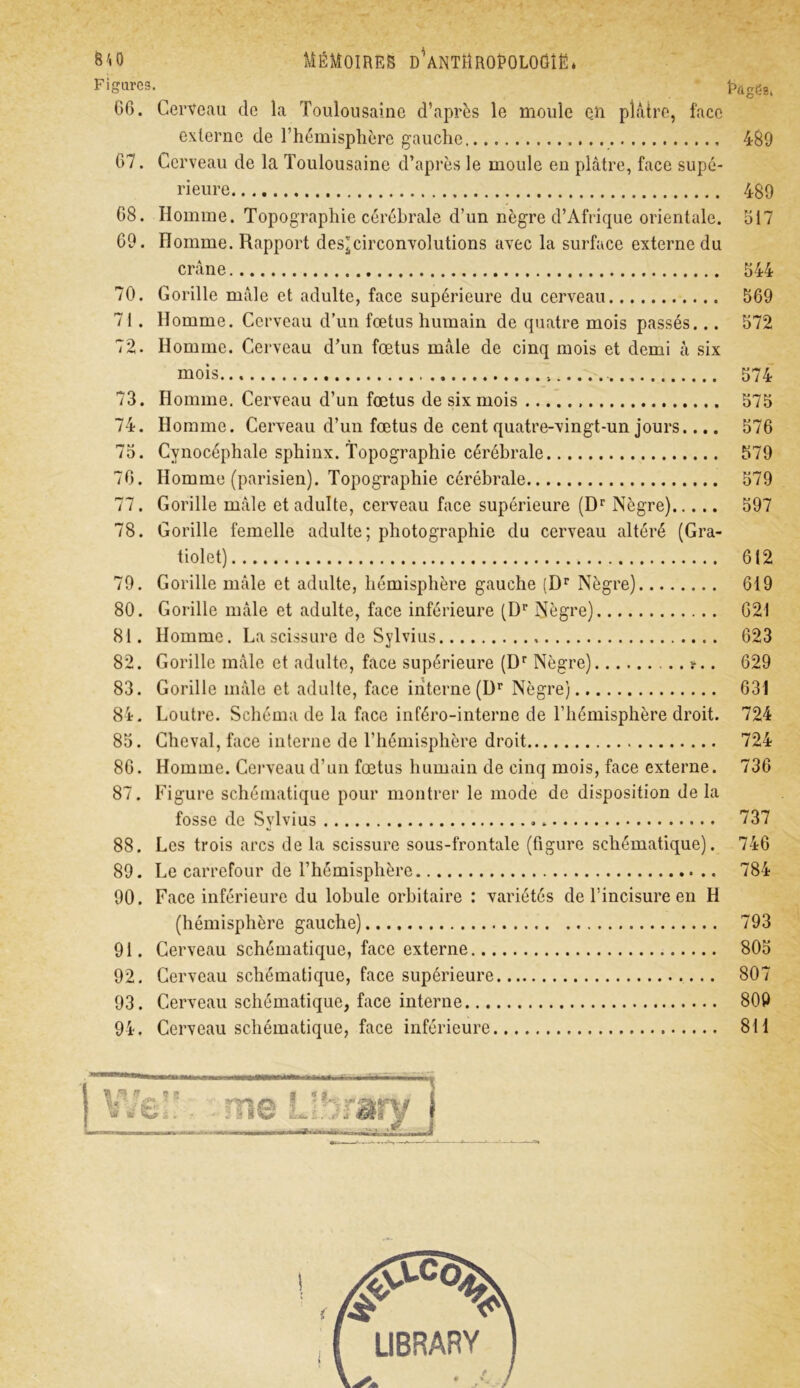 Figures. Wgëa. G6. Cerveau de la Toulousaine d’après le moule c_n plâtre, face externe de l’hémisphère gauche 489 67. Cerveau de la Toulousaine d’après le moule en plâtre, face supé- rieure 489 68. Homme. Topographie cérébrale d’un nègre d’Afrique orientale. 617 69. Homme. Rapport des*circonvolutions avec la surface externe du crâne 644 70. Gorille mâle et adulte, face supérieure du cerveau 669 71 . Homme. Cerveau d’un fœtus humain de quatre mois passés... 672 72. Homme. Cerveau d’un fœtus mâle de cinq mois et demi à six mois » 674 73. Homme. Cerveau d’un fœtus de six mois 675 74. Homme. Cerveau d’un fœtus de cent quatre-vingt-un jours.... 576 75. Cynocéphale sphinx. Topographie cérébrale 579 76. Homme (parisien). Topographie cérébrale 579 77. Gorille mâle et adulte, cerveau face supérieure (Dr Nègre) 597 78. Gorille femelle adulte; photographie du cerveau altéré (Gra- tiolet) 612 79. Gorille mâle et adulte, hémisphère gauche (Dr Nègre) 619 80. Gorille mâle et adulte, face inférieure (Dr Nègre) 621 81. Homme. La scissure de Sylvius 623 82. Gorille mâle et adulte, face supérieure (Dr Nègre) ?.. 629 83. Gorille mâle et adulte, face interne(ür Nègre) 631 84. Loutre. Schéma de la face inféro-interne de l’hémisphère droit. 724 85. Cheval, face interne de l’hémisphère droit 724 86. Homme. Cerveau d’un fœtus humain de cinq mois, face externe. 736 87. Figure schématique pour montrer le mode de disposition delà fosse de Sylvius . 737 88. Les trois arcs de la scissure sous-frontale (figure schématique). 746 89. Le carrefour de l’hémisphère 784 90. Face inférieure du lobule orbitaire : variétés de l’incisure en H (hémisphère gauche) 793 91. Cerveau schématique, face externe 805 92. Cerveau schématique, face supérieure 807 93. Cerveau schématique, face interne 809 94. Cerveau schématique, face inférieure 811
