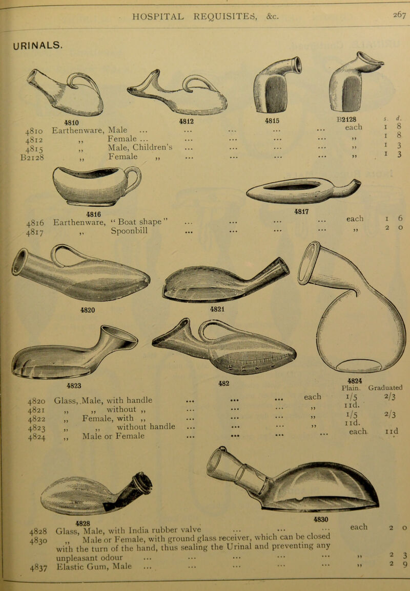 URINALS. 4810 4812 4815 4810 Earthenware, Male 4812 ,, Female ... 4815 ,, Male, Children’s B2128 ,, Female ,, 4816 4816 Earthenware, “ Boat shape ” 4817 ,, Spoonbill 4817 each >> 1 6 2 o 4820 4821 4824 Plain. Graduated each !/5 2/3 9 9 i id. n i/5 2/3 j 9 1 id. • • • each nd 4823 4820 Glass, .Male, with handle 4821 ,, ,, without ,, 4822 ,, Female, with ,, 4823 ,, ,, without handle 4824 ,, Male or Female 4828 Glass, Male, with India rubber valve ... ••• *; 4830 „ Male or Female, with ground glass receiver, which can be closed with the turn of the hand, thus sealing the Urinal and preventing any unpleasant odour 4837 Elastic Gum, Male 2 o 2 3 2 9