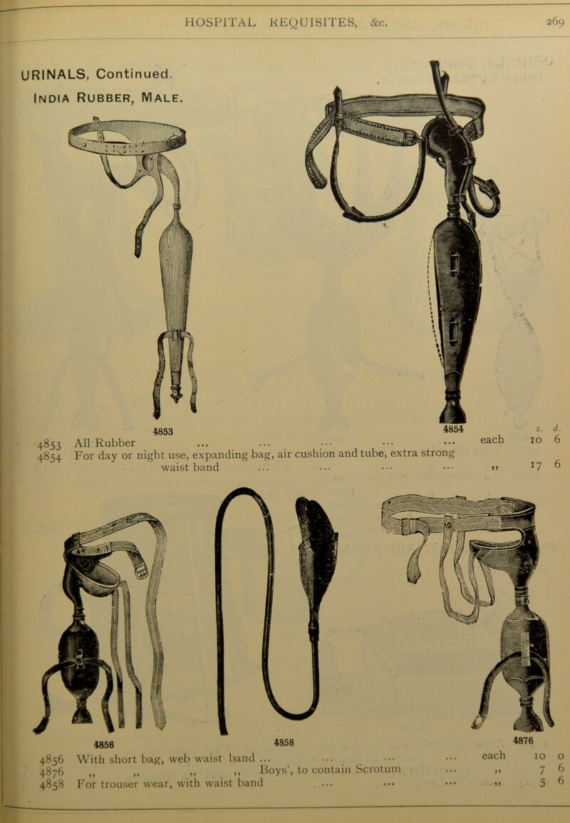 URINALS, Continued. India Rubber, Male. i 4856 4858 4856 With short bag, web waist band ... 4876 ,, ,, ,, ,, Boys’, to contain Scrotum each