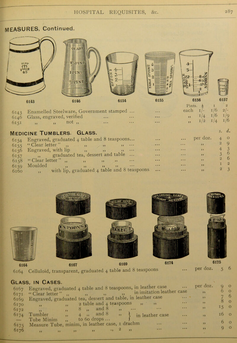 MEASURES, Continued. 6143 6146 6154 6143 Enamelled Steelware, Government stamped ... 6146 Glass, engraved, verified 6151 ,, ,, not ,, 6156 6157 Pints. J I 2 each 1/- 1/6 2/- » J/4 1/6 1/9 M !/2 i/4 1/6 Medicine Tumblers. Glass. 6154 6155 6156 6157 6158 6159 6160 Engraved, graduated 4 table and 8 teaspoons... “ Clear letter ” ,, ,, ,, ,, Engraved, with lip ,, ,, >> ,, graduated tea, dessert and table ... “ Clear letter ” ,, ,, ,, >> Moulded ,, ,, >, >> ,, with lip, graduated 4 table and 8 teaspoons s. d. per doz. 4 o „ 29 n 4 3 » 3 6 „ 26 ,, 12 „ 23 6164 6164 Celluloid, 6175 per doz. 5 6 6167 6169 6174 transparent, graduated 4 table and 8 teaspoons Glass, in Cases. 6167 Engraved, graduated 4 table and 8 teaspoons, in leather case 6i7: “ Clear letter ” „ „ „ „ . in imitation leather case 6169 Engraved, graduated tea, dessert and table, in leather case 6170 ,, ,, 2 table and 4 teaspoons „ » 6172 „ „ 8 „ and 8 6174 Tumbler ,, 4 „ and 8 ,, ) in leather case — Tube Minim ,, to 60 drops ... j 6175 Measure Tube, minim, in leather case, 1 drachm 6176 ,, „ ,, „ •> 2 >> per doz. } 9 o 6 o 7 6 8 o 15 o 16 o 6 o 9 o