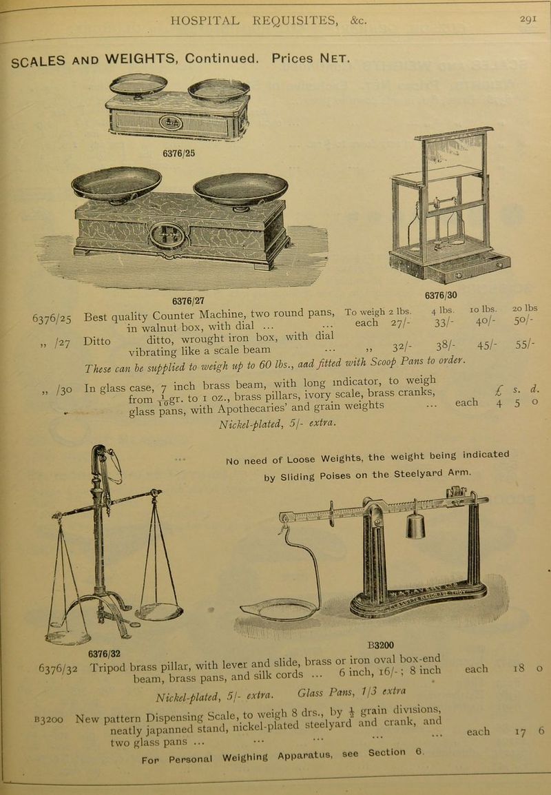 SCALES AND WEIGHTS, Continued. Prices Net. 6376/25 No need of Loose Weights, the weight being indicated by Sliding Poises on the Steelyard Arm. 6376/32 ” °W-''8 l“h B3200 Nickel-plated, 5/- arfn*. G/ass Pans, 1/3 extra — cs asssssajfii- s;- two glass pans ... For Personal Weighing Apparatus, see Section 6 each each 6376/27 6376 30 376/25 Best quality Counter Machine, two round pans, To weigh e lb, 4 lb, 10 lb, in walnut box, with dial ... _ eacn 71 „ /27 Ditto ditto, wrought iron box, with dial vibrating like a scale beam ••• ” 3 1 x / Tte supplied to weigh up to 60 lbs., aad fitted with Scoop Pans to oidet. No In glass case, 7 inch brass beam, with long indicator, to weigh ” /3 g from Xgr- to i oz., brass pillars, ivory scale, brass cranks, glass pans, with Apothecaries’ and gram weights Nir.hd-blated. 51- extra. 20 lbs 50/-