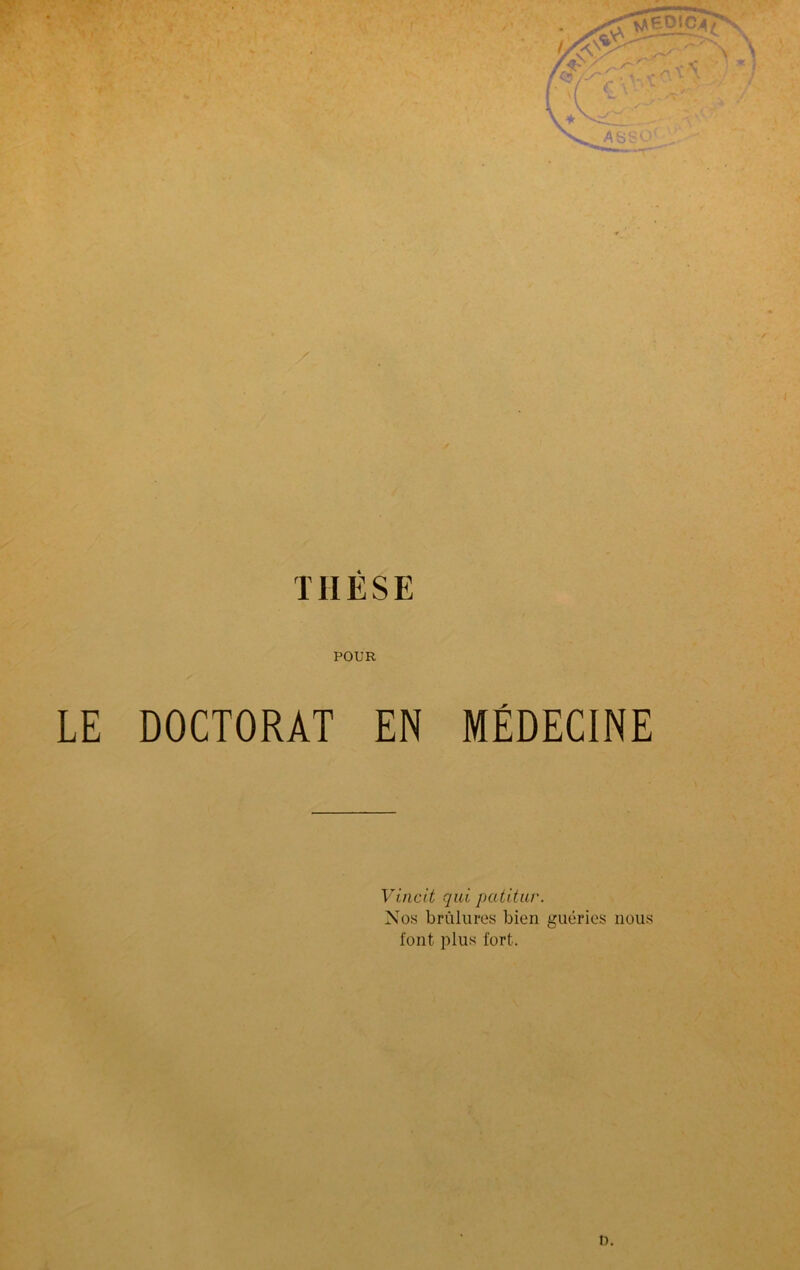 THÈSE POUR LE DOCTORAT EN MÉDECINE Vincit qui patitur. Nos brûlures bien guéries nous font plus fort. D.