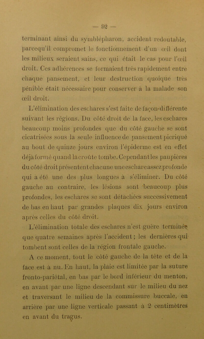 terminant ainsi du synibléplmron, accident redoutable, parcequ’il compromet le fonctionnement d’un œil dont les milieux seraient sains, ce (jui était le cas pour l’œil droit. Ces adhérences se formaient très rapidement entre chaque pansement, et leur destruction quoique très pénible était nécessaire pour conserver à la malade son œil droit. L’élimination des eschares s’est faite de façon*différente suivant les régions. Du côté droit de la face, les eschares beaucoup moins profondes que du côté gauche se sont cicatrisées sous la seule influence de pansement picriqué au bout de quinze jours environ l’épiderme est en effet déjà formé quand là croûte tombe. Cependant les paupières du côté droit présentent chacune une eschare assez profonde qui a été une des plus longues à s’éliminer. Du côté gauche au contraire, les lésions sont beaucoup plus profondes, les eschares se sont détachées successivement de bas en haut par grandes plaques dix jours environ après celles du côté droit. L élimination totale des eschares n’est guère terminée que quatre semaines après l’accident ; les dernières qui tombent sont celles de la région frontale gauche. A ce moment, tout le côté gauche de la tète et de la face est à nu. En haut, la plaie est limitée par la suture fronto-pariétal, en bas par le bord inférieur du menton, en avant par une ligne descendant sur le milieu du nez et traversant le milieu de la commissure buccale, en arrière par une ligne verticale passant à 2 centimètres en avant du tragus.