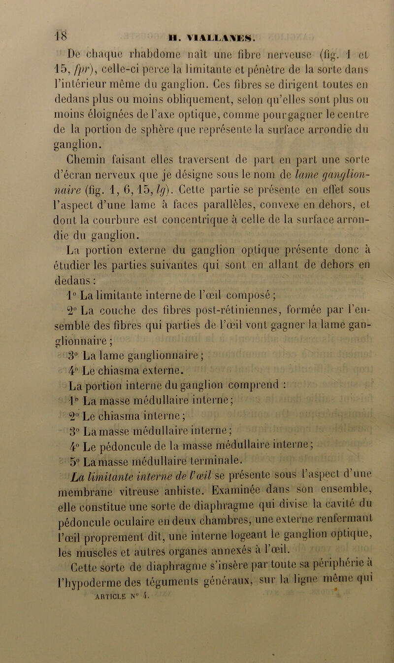 De chaque rhabdome naît une fibre nerveuse (fig. J cl 15, fpr), celle-ci perce la limitante et pénètre de la sorte dans l’intérieur meme du ganglion. Ces fibres se dirigent toutes en dedans plus ou moins obliquement, selon qu’elles sont plus ou moins éloignées de l’axe optique, comme pour gagner le centre de la portion de sphère que représente la surface arrondie du ganglion. Chemin faisant elles traversent de part en part une sorte d’écran nerveux que je désigne sous le nom de lame ganglion- naire (fig. 1, 6,15, Ig). Cette partie se présente en effet sous l’aspect d’une lame à faces parallèles, convexe en dehors, et dont la courbure est concentrique à celle de la surface arron- die du ganglion. La portion externe du ganglion optique présente donc à étudier les parties suivantes qui sont en allant de dehors en dedans : 1° La limitante interne de l’œil composé ; ù2° La couche des fibres post-rétiniennes, formée par l’en- semble des fibres qui parties de l’œil vont gagner la lame gan- glionnaire ; 3° La lame ganglionnaire ; 4° Le chiasma externe. La portion interne du ganglion comprend : 1° La masse médullaire interne; 2° Le chiasma interne ; 3° Lamasse médullaire interne; 4° Le pédoncule de la masse médullaire interne; 5° Lamasse médullaire terminale. La limitante interne de Vœil se présente sous l aspect d une membrane vitreuse anhiste. Examinée dans son ensemble, elle constitue une sorte de diaphragme qui divise la cavité du pédoncule oculaire en deux chambres, une externe renfermant l’œil proprement dit, une interne logeant le ganglion optique, les muscles et autres organes annexés à l’œil. Cette sorte de diaphragme s’insère par toute sa périphérie à l’hypoderme des téguments généraux, sur la ligne meme qui
