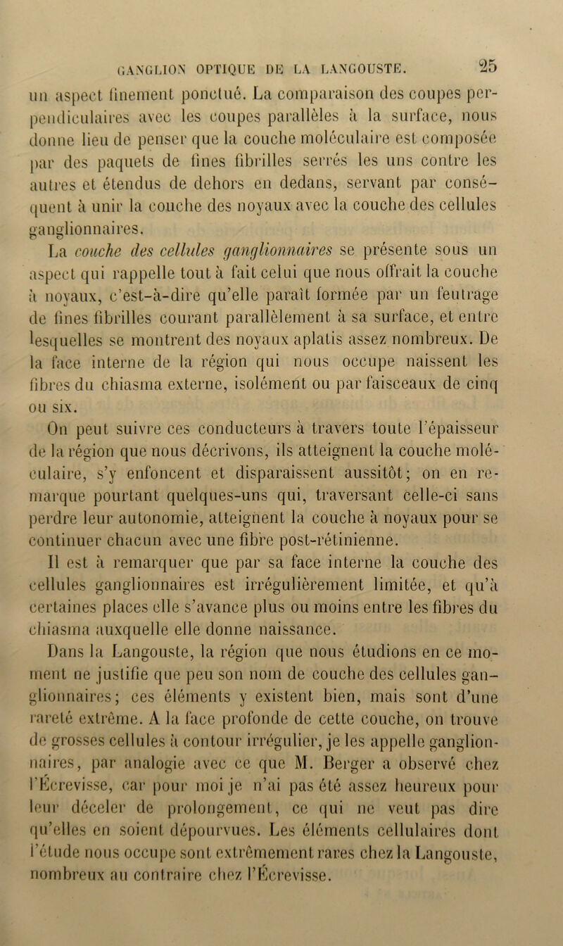 un aspect iinement ponctué. La comparaison des coupes per- pendiculaires avec les coupes parallèles à la surface, nous donne lieu de penser que la couche moléculaire est composée par des paquets de fines fibrilles serrés les uns contre les autres et étendus de dehors en dedans, servant par consé- quent à unir la couche des noyaux avec la couche des cellules ganglionnaires. La couche des cellules ganglionnaires se présente sous un aspect qui rappelle tout à fait celui que nous offrait la couche à noyaux, c’est-à-dire qu’elle parait formée par un feutrage de fines fibrilles courant parallèlement à sa surface, et entre lesquelles se montrent des noyaux aplatis assez nombreux. De la face interne de la région qui nous occupe naissent les fibres du chiasma externe, isolément ou par faisceaux de cinq ou six. On peut suivre ces conducteurs à travers toute l'épaisseur de la région que nous décrivons, ils atteignent la couche molé- culaire, s’y enfoncent et disparaissent aussitôt; on en re- marque pourtant quelques-uns qui, traversant celle-ci sans perdre leur autonomie, atteignent la couche à noyaux pour se continuer chacun avec une fibre post-rétinienne. Il est à remarquer que par sa face interne la couche des cellules ganglionnaires est irrégulièrement limitée, et qu’à certaines places elle s’avance plus ou moins entre les fibres du chiasma auxquelle elle donne naissance. Dans la Langouste, la région que nous étudions en ce mo- ment ne justifie que peu son nom de couche des cellules gan- glionnaires; ces éléments y existent bien, mais sont d’une rareté extrême. A la face profonde de cette couche, on trouve de grosses cellules à contour irrégulier, je les appelle ganglion- naires, par analogie avec ce que M. Berger a observé chez l’Kcrevisse, car pour moi je n’ai pas été assez heureux pour leur déceler de prolongement, ce qui ne veut pas dire qu’elles en soient dépourvues. Les éléments cellulaires dont l’étude nous occupe sont extrêmement rares chez la Langouste, nombreux au contrnire chez l’Écrevisse.