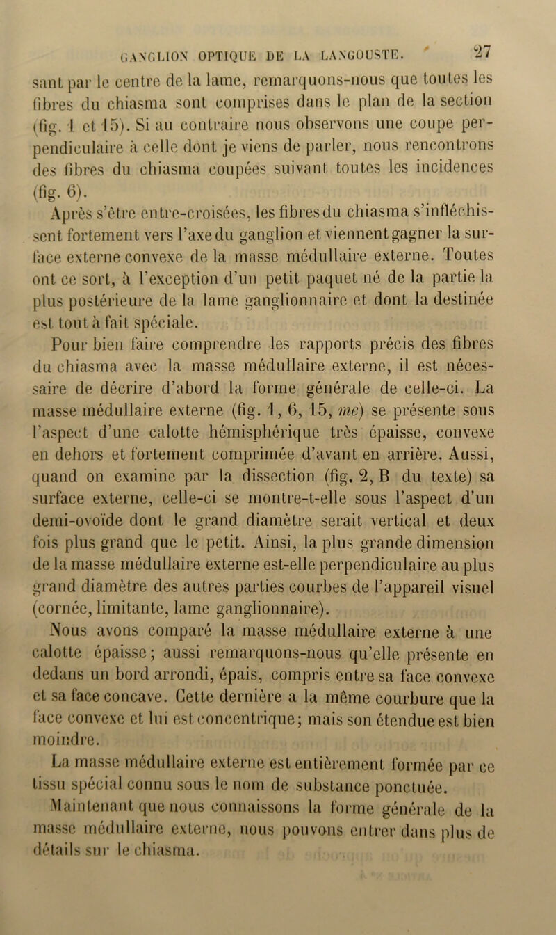 sant par le centre de la lame, remarquons-nous que toutes les fibres du chiasma sont comprises dans le plan de la section (fig. I et 15). Si au contraire nous observons une coupe per- pendiculaire à celle dont je viens de parler, nous rencontrons des fibres du chiasma coupées suivant toutes les incidences (fig. 6). Ap rès s’être entre-croisées, les fibres du chiasma s’infléchis- sent fortement vers l’axe du ganglion et viennent gagner la sur- face externe convexe delà masse médullaire externe. Toutes ont ce sort, à l’exception d’un petit paquet né de la partie la plus postérieure de la lame ganglionnaire et dont la destinée est tout à fait spéciale. Pour bien faire comprendre les rapports précis des fibres du chiasma avec la masse médullaire externe, il est néces- saire de décrire d’abord la forme générale de celle-ci. La masse médullaire externe (fig. 1, 6, 15, me) se présente sous l’aspect d’une calotte hémisphérique très épaisse, convexe en dehors et fortement comprimée d’avant en arrière. Aussi, quand on examine par la dissection (fig. 2, B du texte) sa surface externe, celle-ci se montre-t-elle sous l’aspect d’un demi-ovoïde dont le grand diamètre serait vertical et deux fois plus grand que le petit. Ainsi, la plus grande dimension de la masse médullaire externe est-elle perpendiculaire au plus grand diamètre des autres parties courbes de l’appareil visuel (cornée, limitante, lame ganglionnaire). Nous avons comparé la masse médullaire externe à une calotte épaisse ; aussi remarquons-nous qu’elle présente en dedans un bord arrondi, épais, compris entre sa face convexe et sa face concave. Cette dernière a la même courbure que la face convexe et lui est concentrique; mais son étendue est bien moindre. La masse médullaire externe est entièrement formée par ce tissu spécial connu sous le nom de substance ponctuée. Maintenant que nous connaissons la forme générale de la masse médullaire externe, nous pouvons entrer dans plus de détails sur le chiasma.